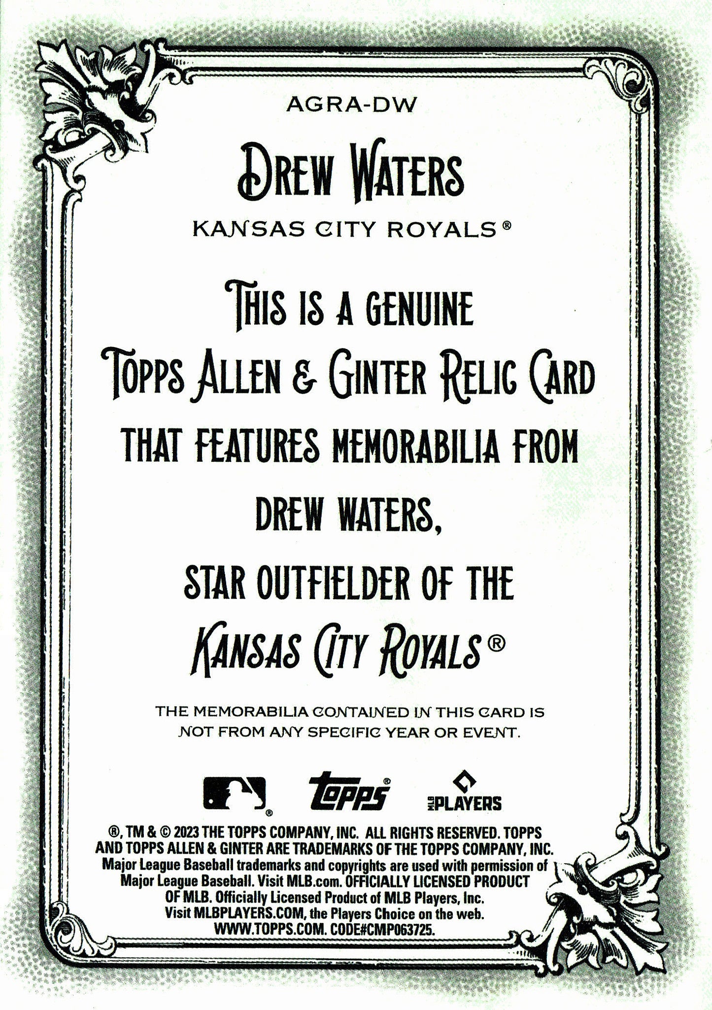 2023 Topps Allen & Ginter Relic Drew Waters #AGRA-DW Kansas City Royals