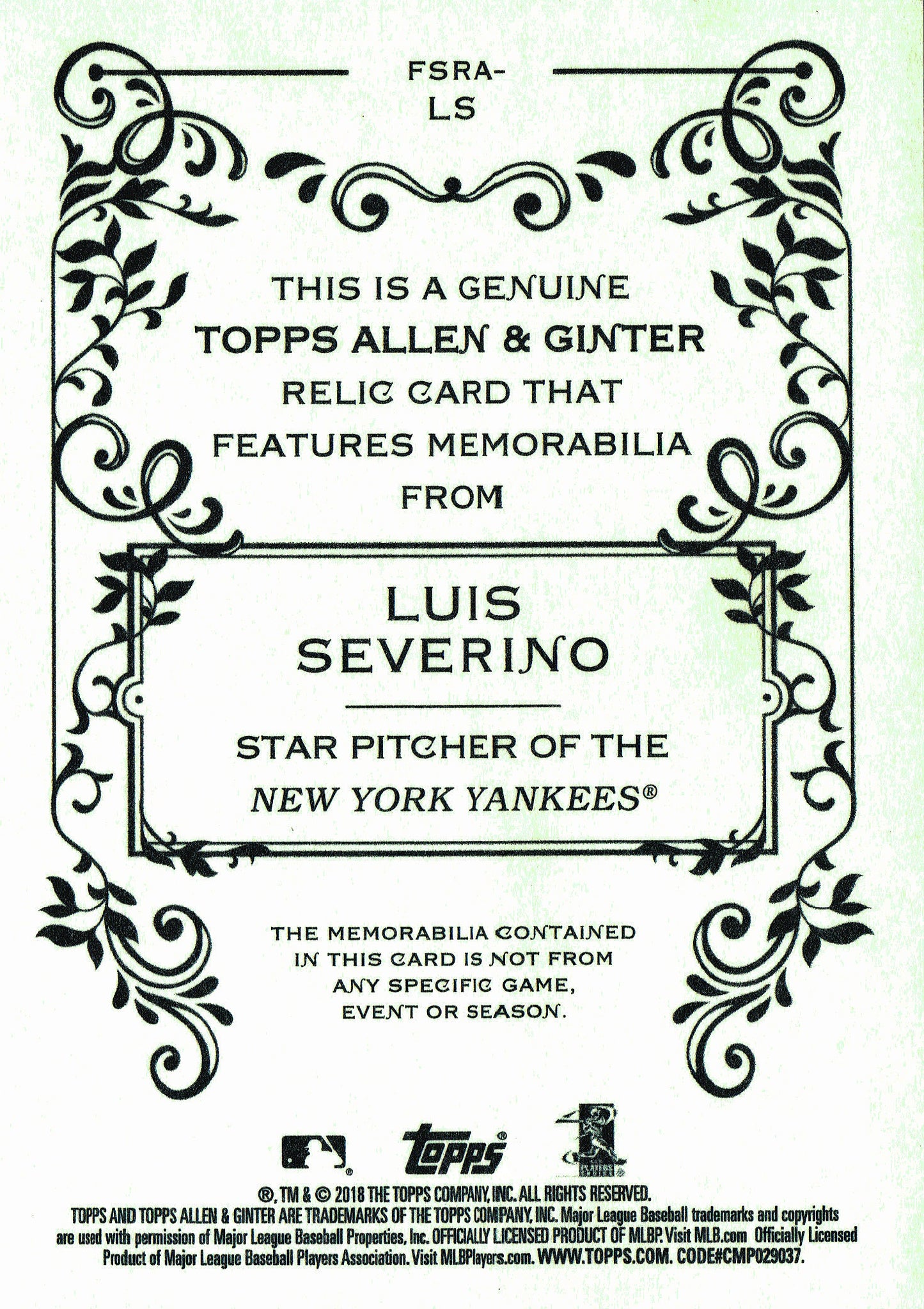 2018 Topps Allen & Ginter Relic Luis Severino #FSRA-LS New York Yankees