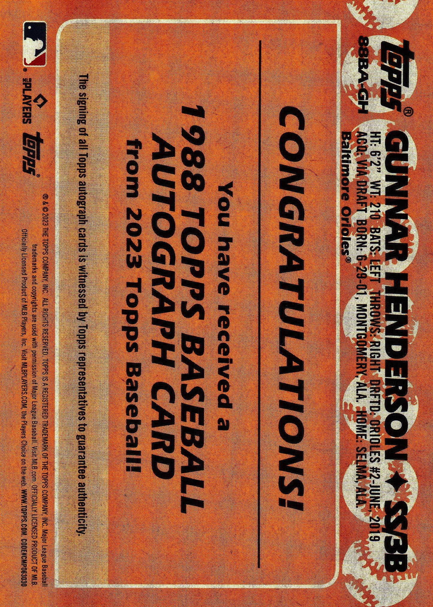 2023 Topps Update 1988 35th Anniversary auto Gunnar Henderson #88BAU-GH Baltimore Orioles