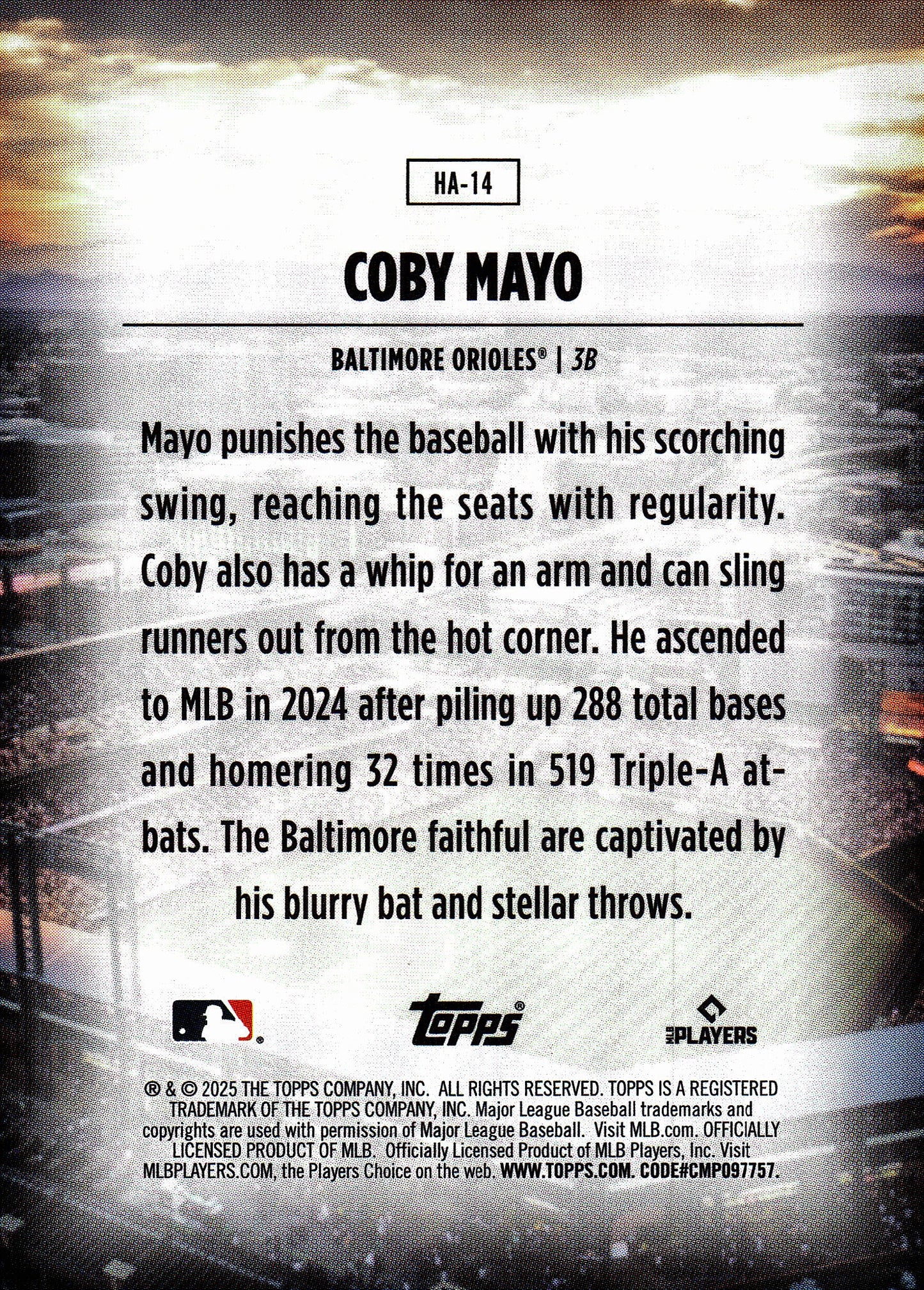 2025 Topps Series 1 Home Field Advantage Coby Mayo #HA-14 Baltimore Orioles