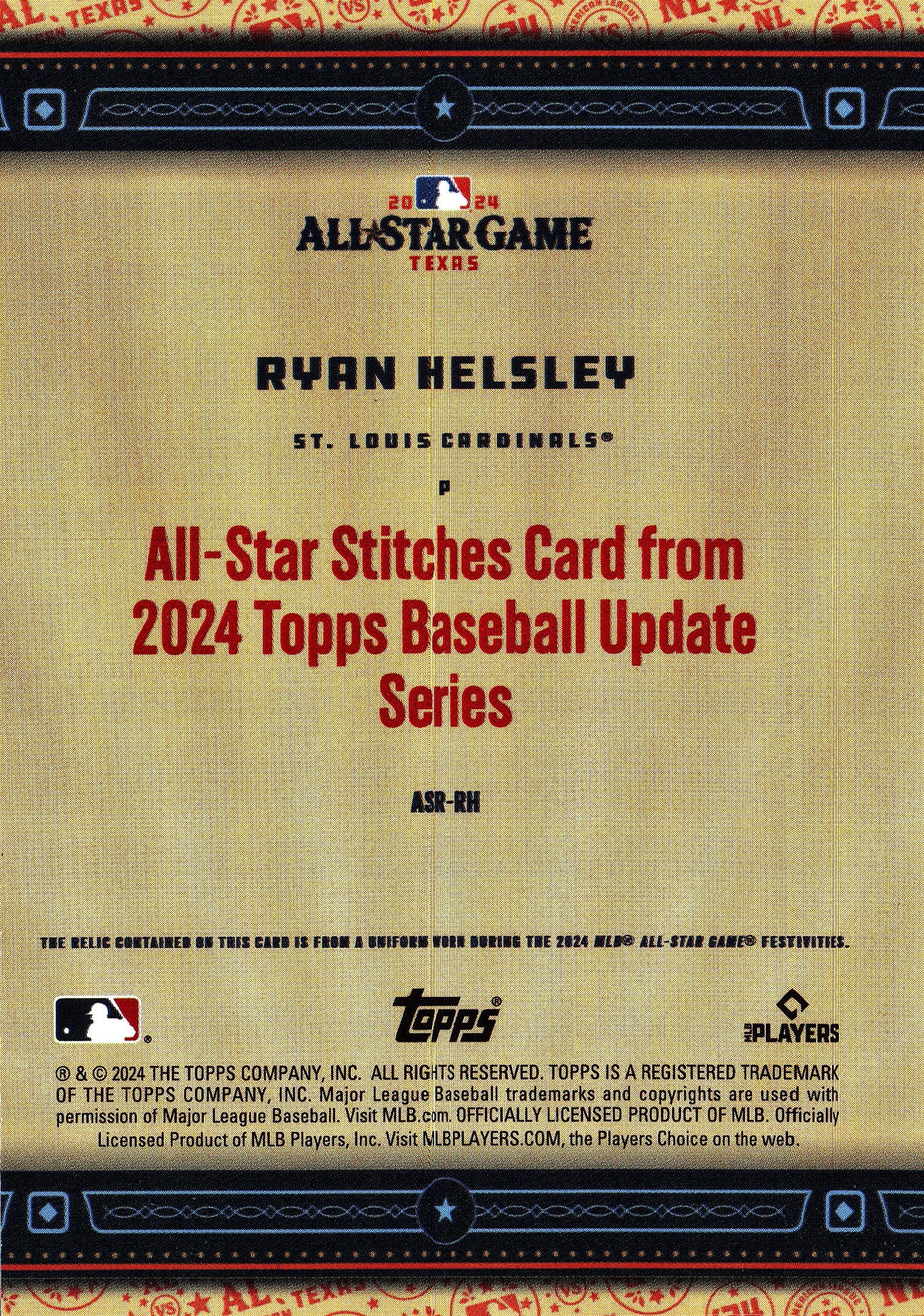 2024 Topps Update All-Star Stitches Relics Black Ryan Helsley /199 #ASR-RH St. Louis Cardinals