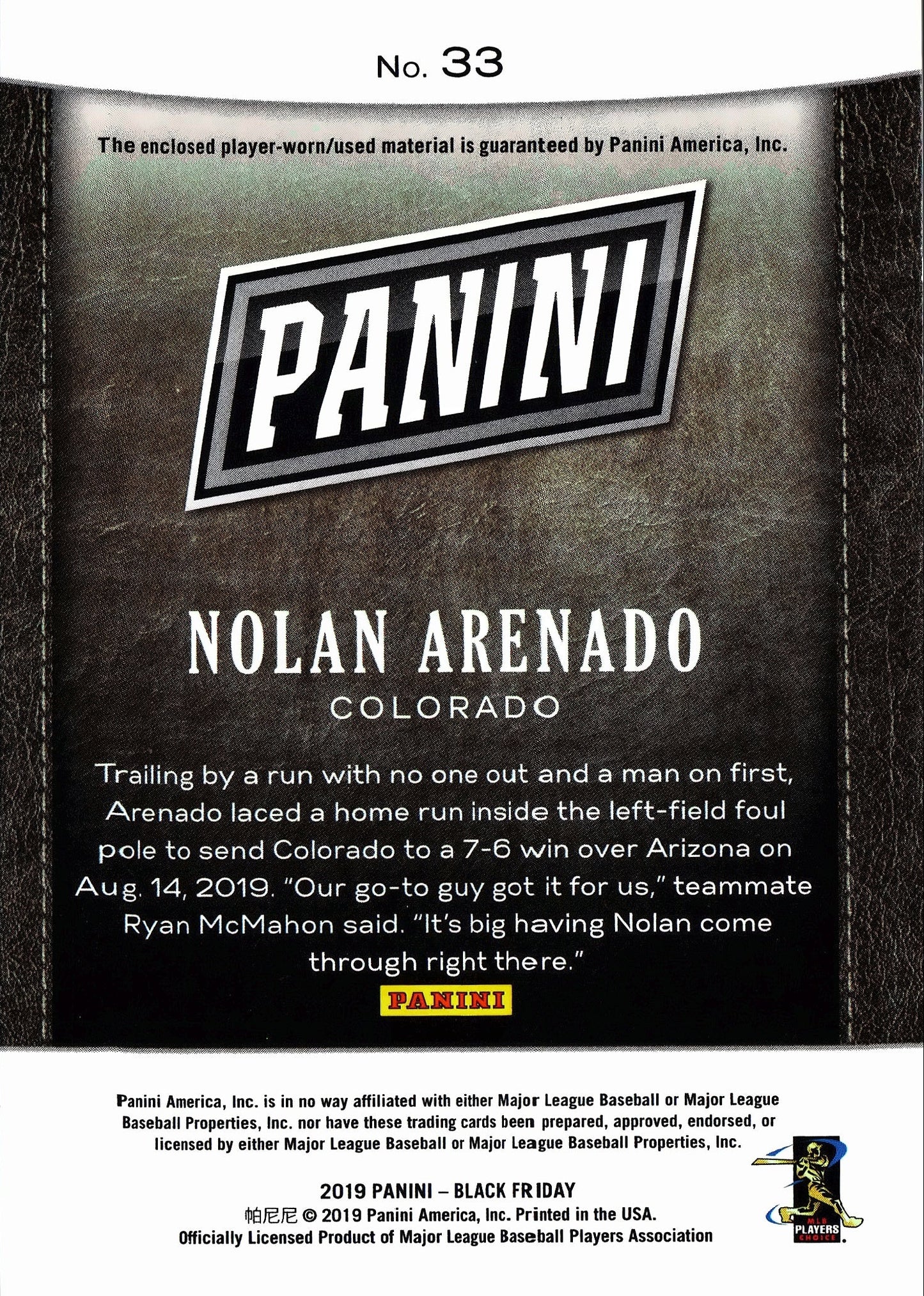 2019 Panini Black Friday Nolan Arenado Patch /50 #33 Colorado Rockies