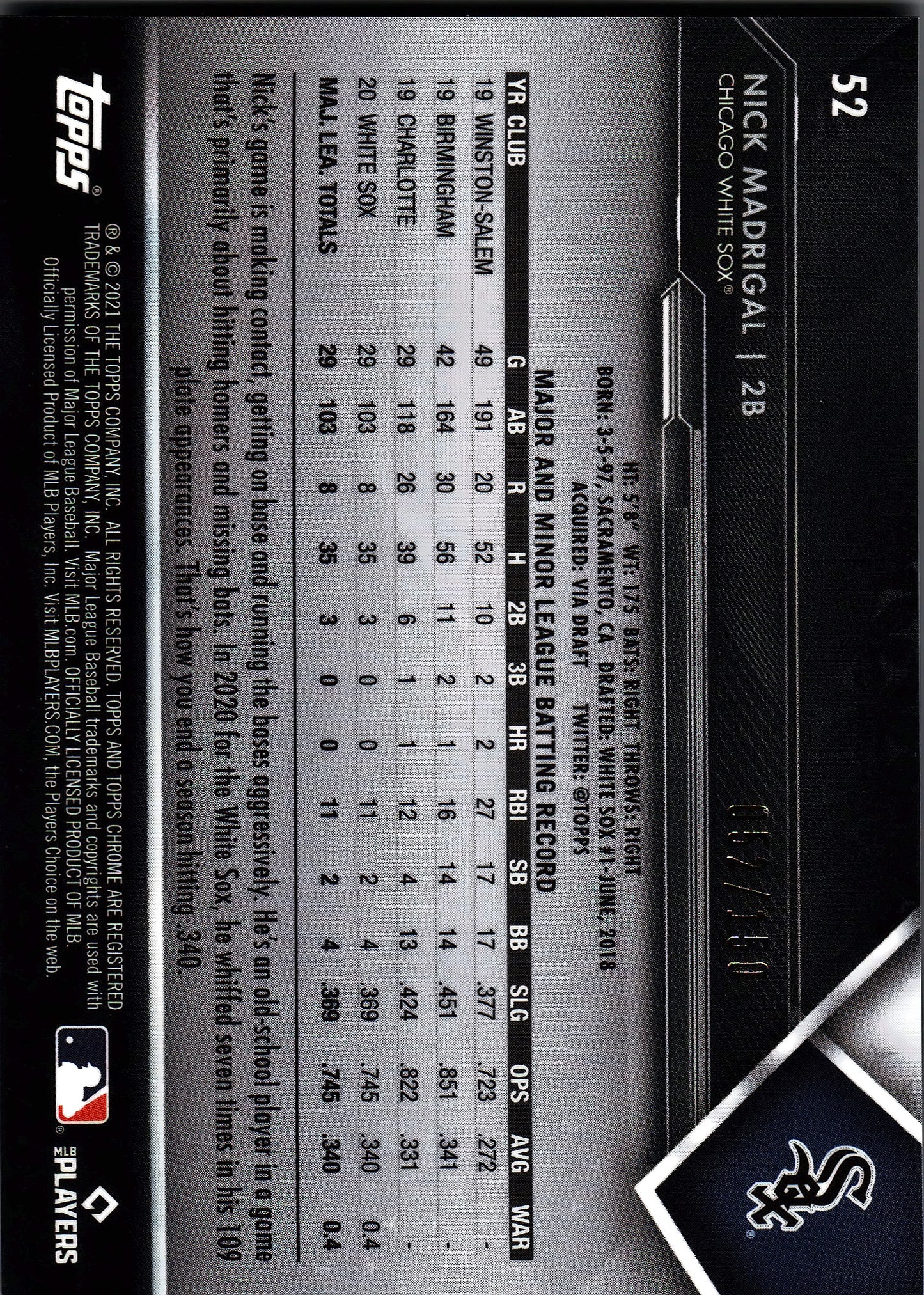 2021 Topps Chrome Black Purple Nick Madrigal /150 #52 Chicago White Sox