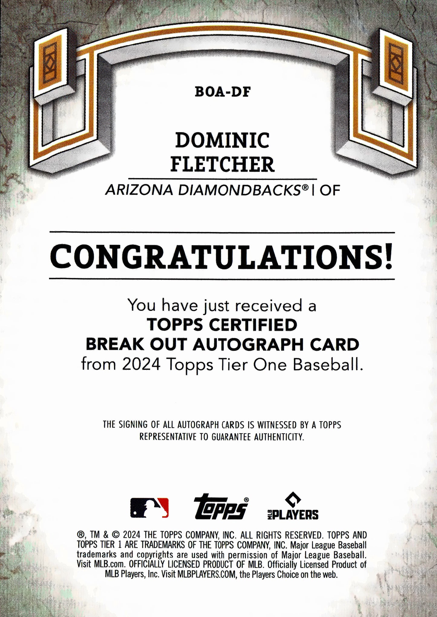 2024 Topps Tier One Dominic Fletcher #BOA-DF Arizona Diamondbacks