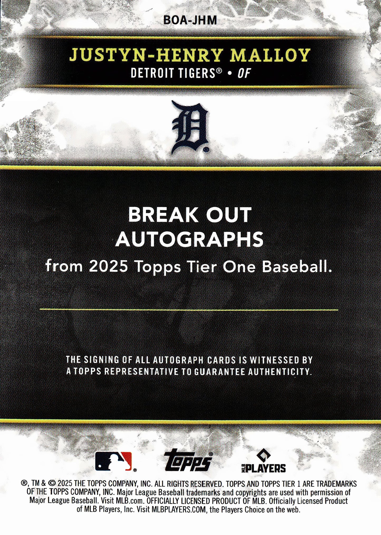 2025 Topps Tier One Break Out Autographs Justyn-Henry Malloy #BOA-JHM Detroit Tigers