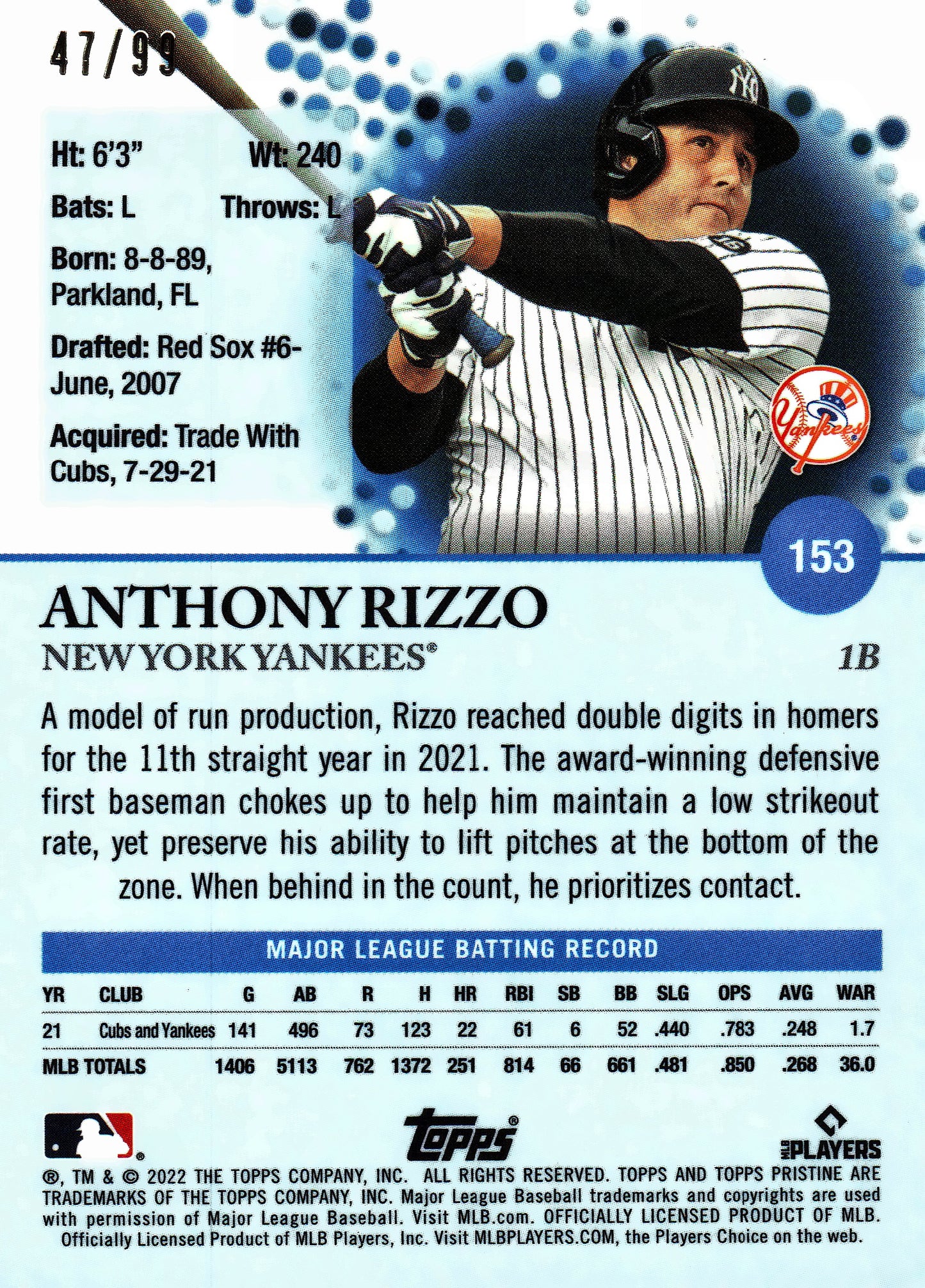 2022 Topps Pristine Purple Anthony Rizzo /99 #153 New York Yankees