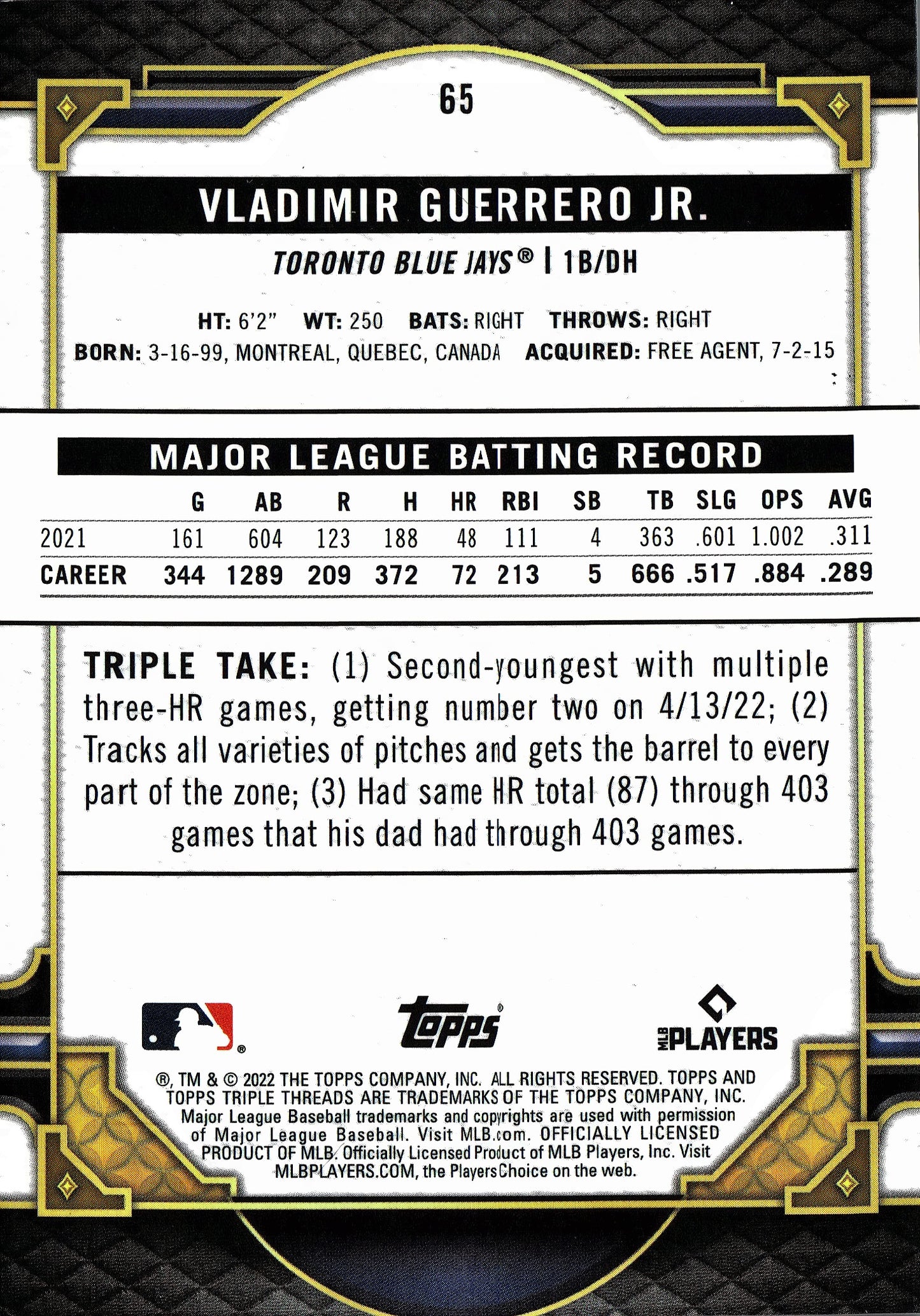 2022 Topps Threads Purple Vladimir Guerrero Jr /299 #65 Toronto Blue Jays