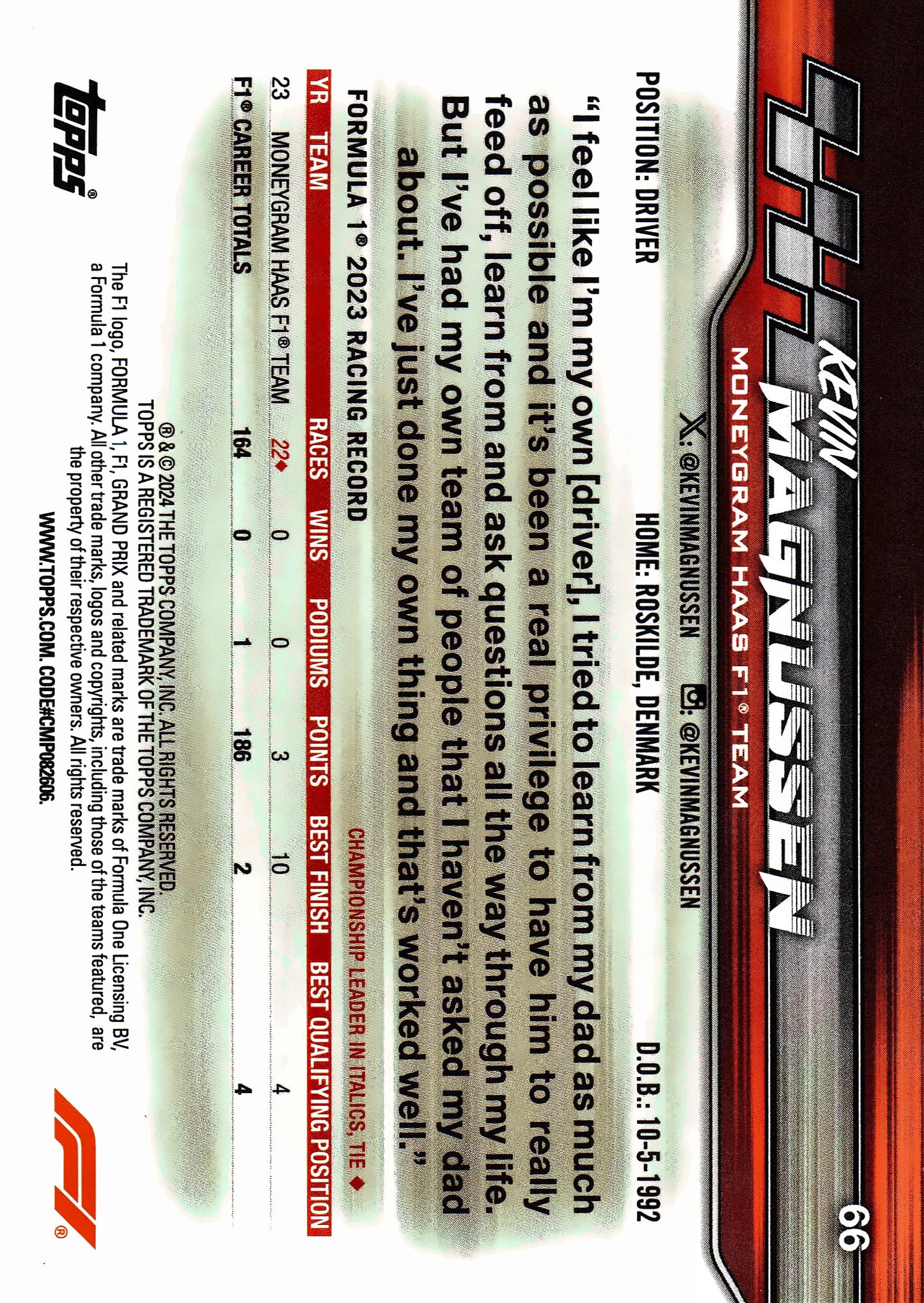 2024 Topps Paddock Pass Formula 1 Black and White FoilKevin Magnussen #66 Haas