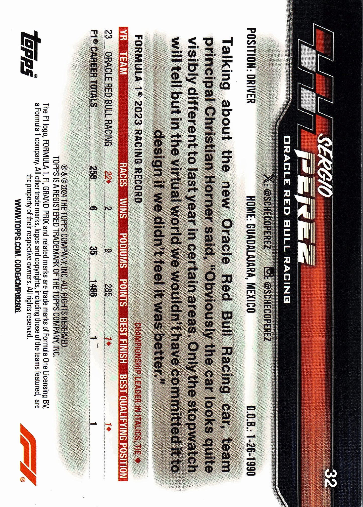 2024 Topps Paddock Pass Formula 1 Black Foil Sergio Perez F1C #32 Red Bull