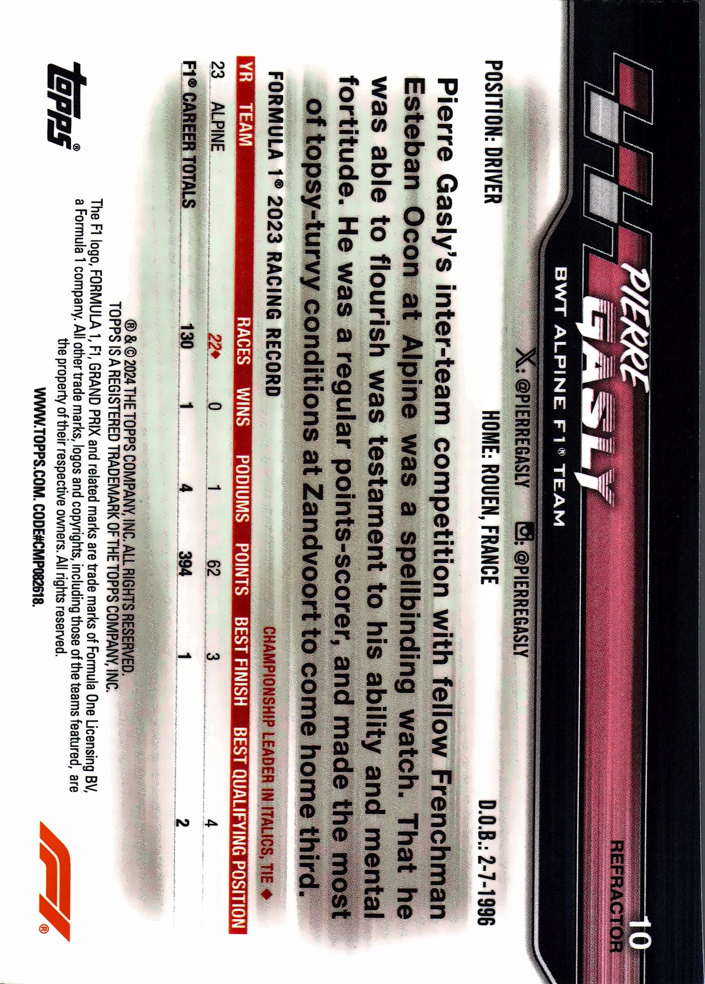 2024 Topps Paddock Pass Formula 1 Chrome Refractor Pierre Gasly VAR #10a Alpine