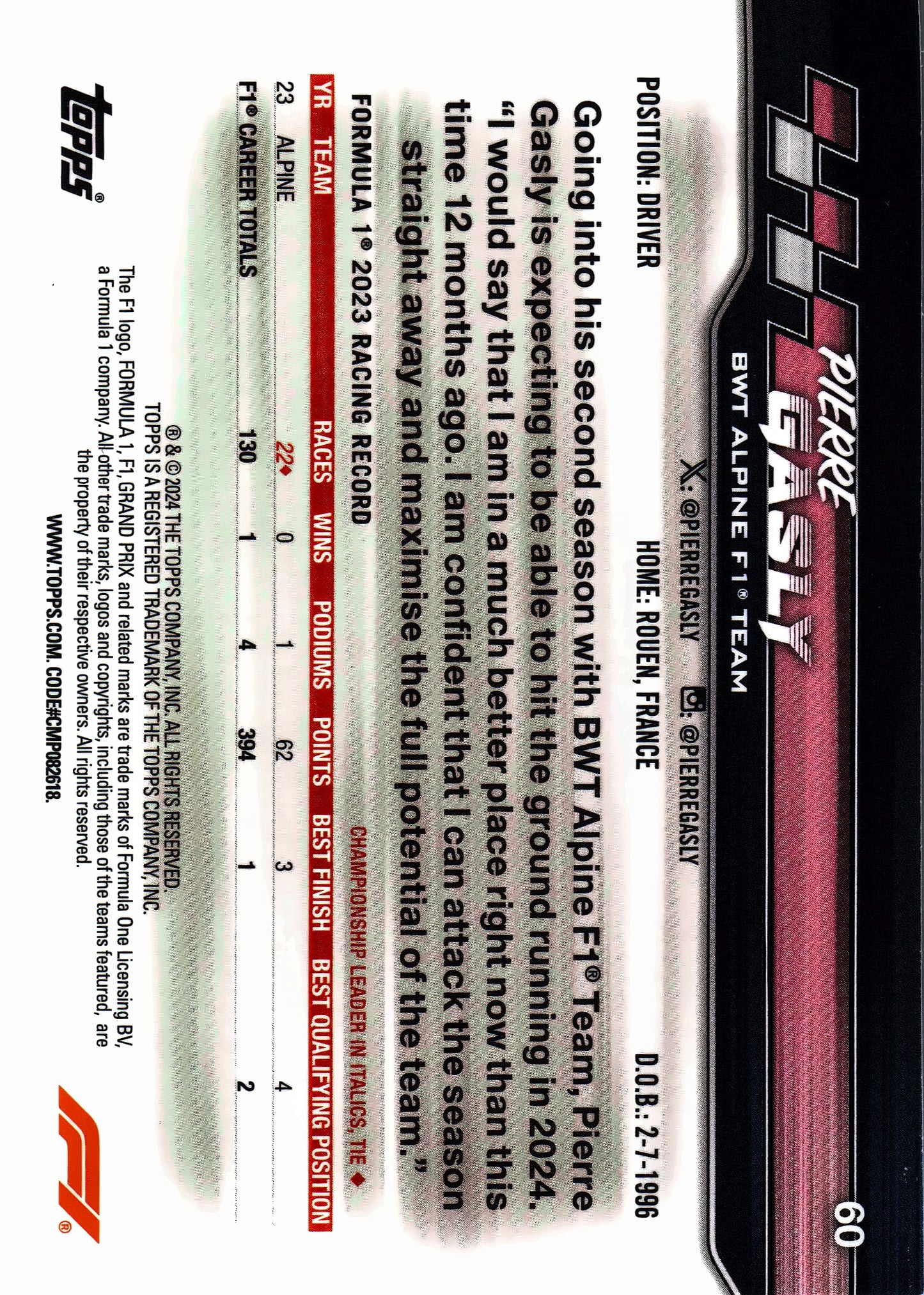 2024 Topps Paddock Pass Formula 1 Chrome Pierre Gasly #60 Alpine