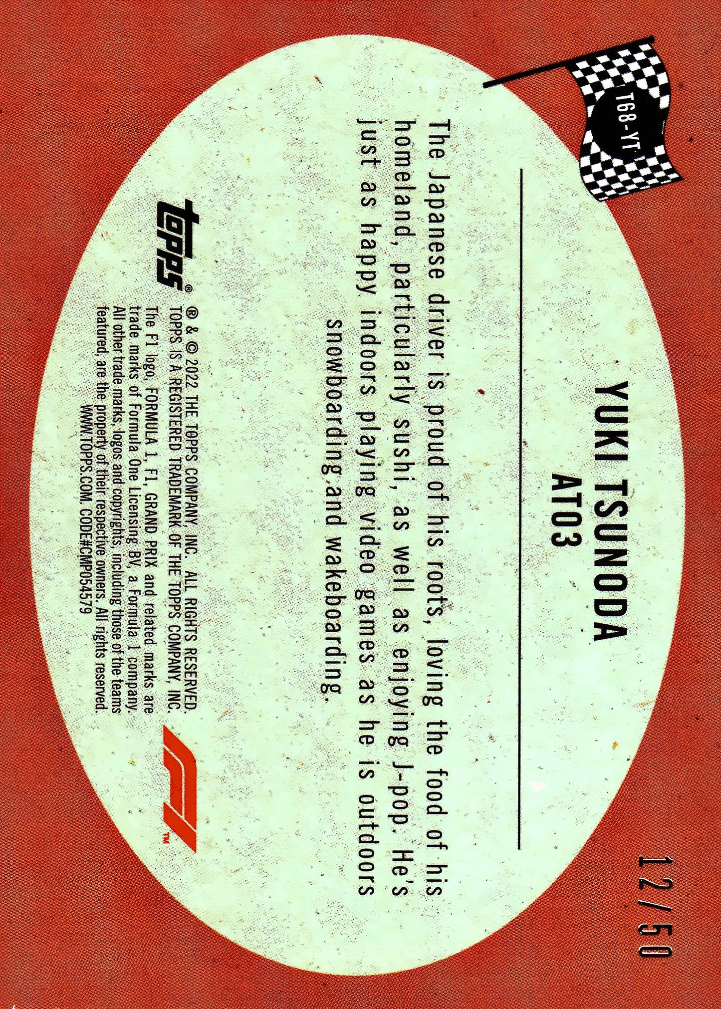 2022 Topps Formula 1 1968 Car Yuki Tsunoda Gold /50 #T68-YT Scuderia AlphaTauri