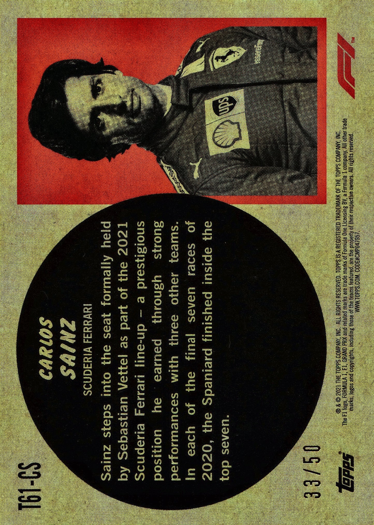 2021 Topps Formula 1 1961 Car Carlos Sainz Gold /50 #T61-CS Scuderia Ferrari