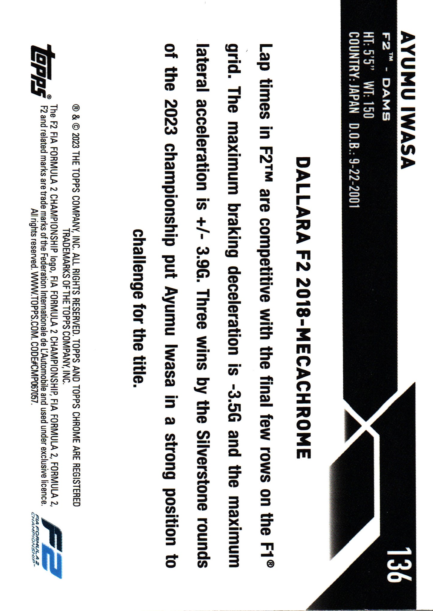 2023 Topps Chrome Formula 1 Purple /399 Iwasa #136 DAMS