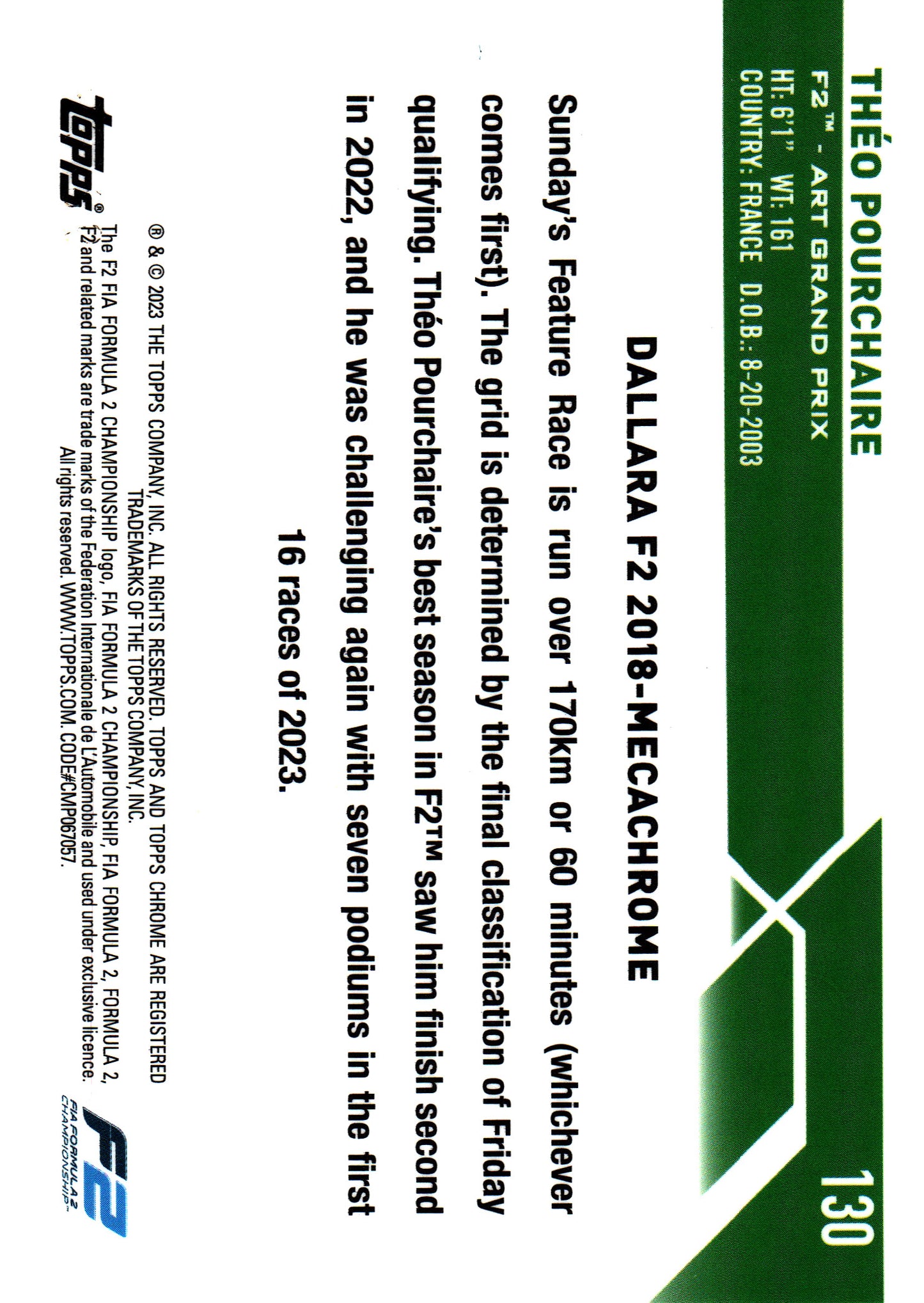 2023 Topps Chrome Sapphire Aqua /99 Théo Pourchaire #130 ART Grand Prix