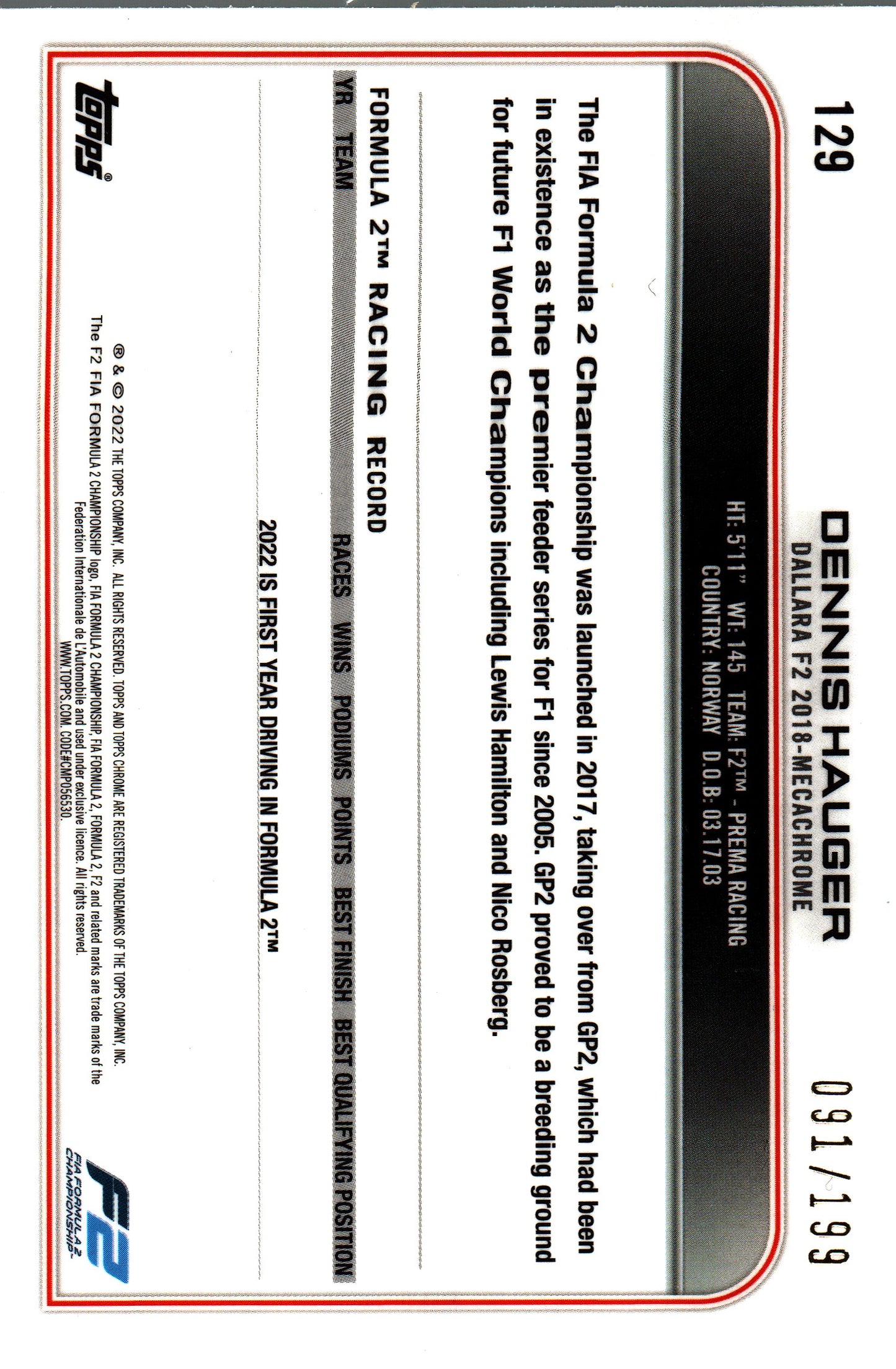 2022 Topps Chrome Sapphire Chartreuse /199 Dennis Hauger #129 Dallara