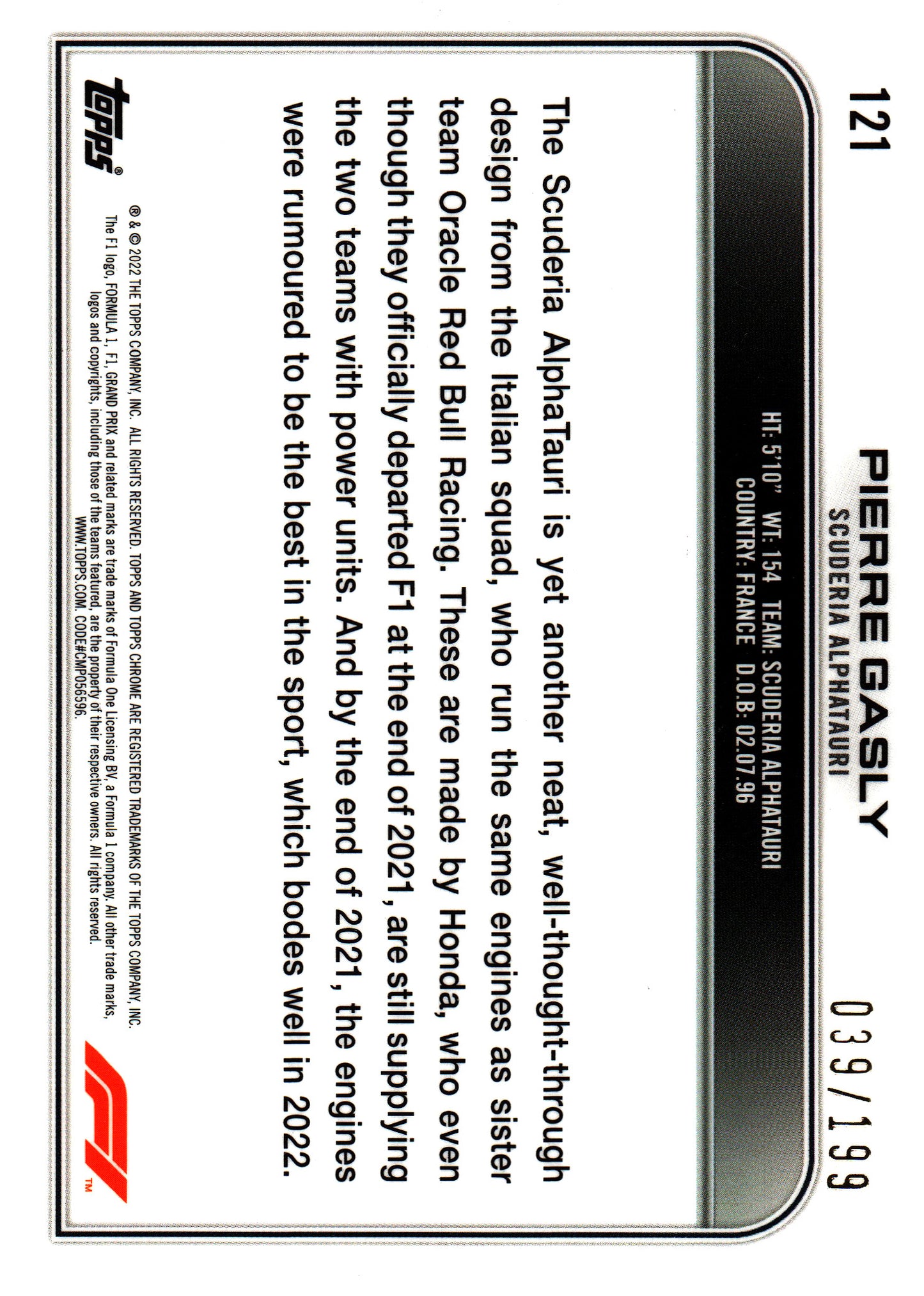 2022 Topps Chrome Sapphire Chartreuse /199 Pierre Gasly #121 AlphaTauri