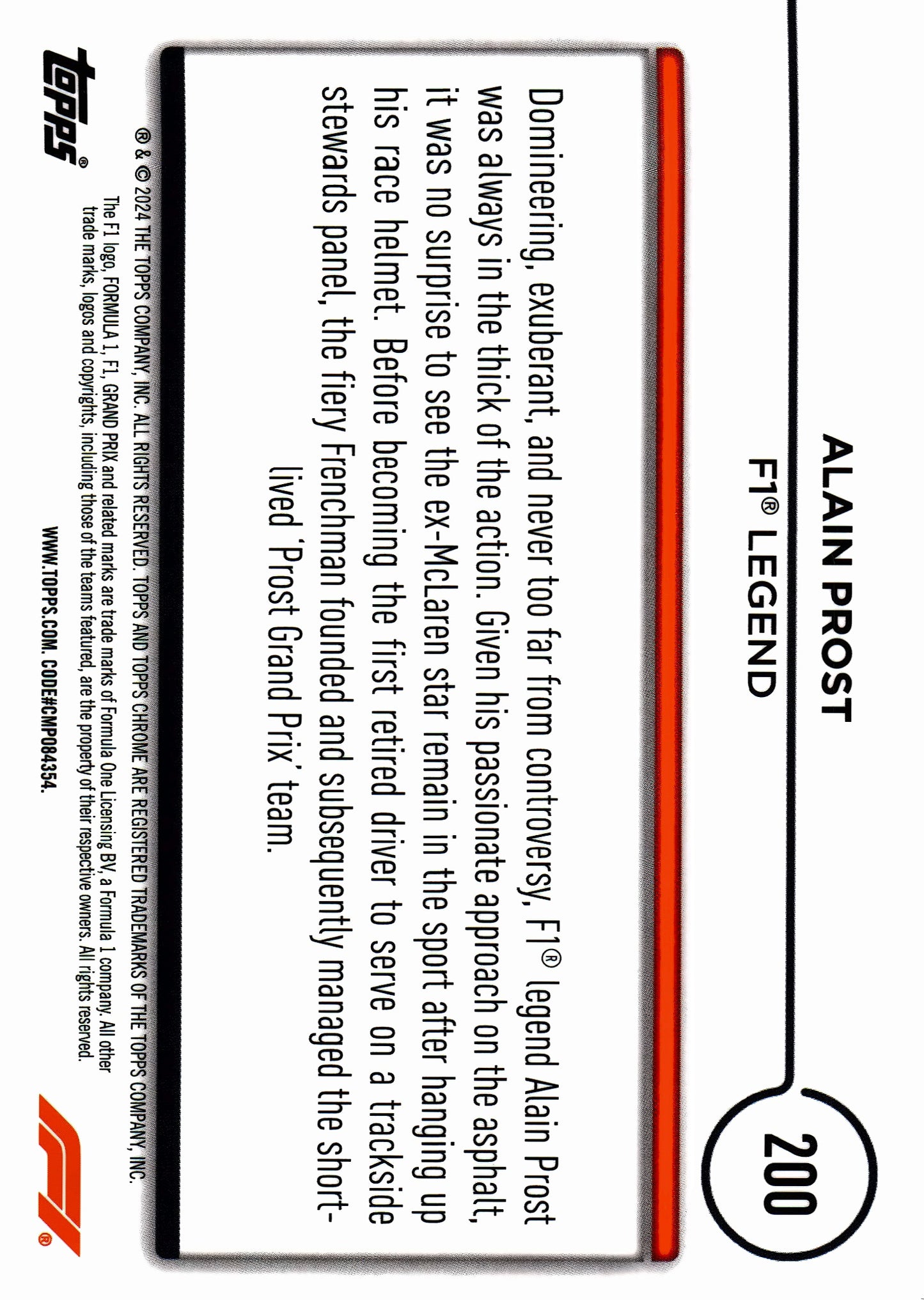 2024 Topps Chrome Sapphire Formula 1 Gold /50 Alain Prost #200 McLaren