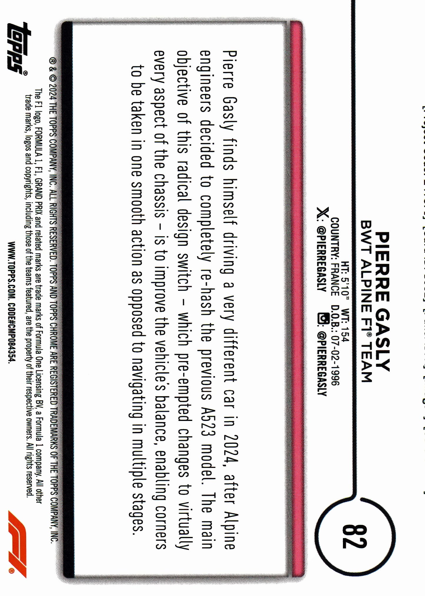 2024 Topps Chrome Sapphire Formula 1 Gold /50 Pierre Gasly #82 Alpine