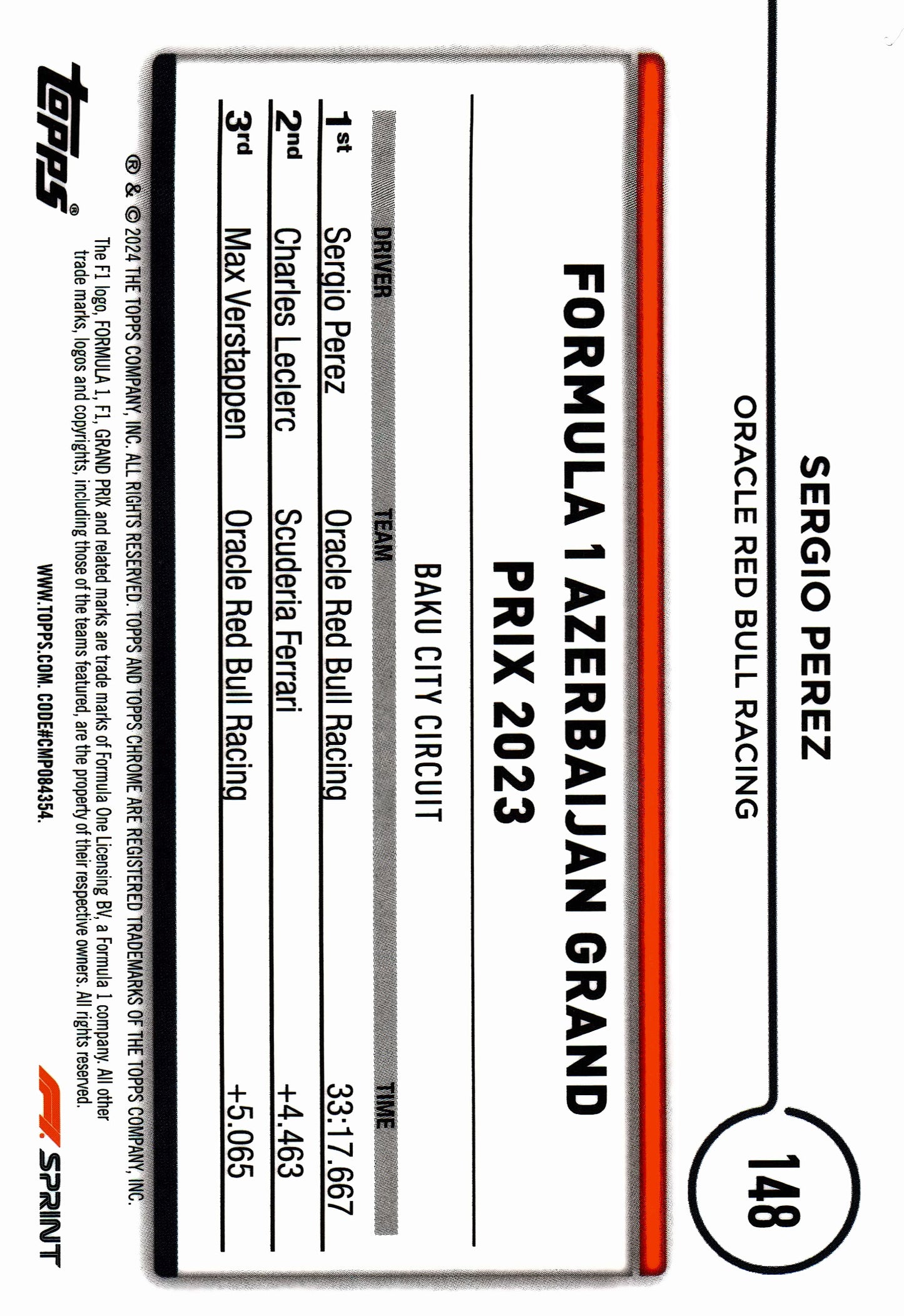 2024 Topps Chrome Sapphire Formula 1 Aqua /99 Sergio Perez #49 Oracle Red Bull Racing