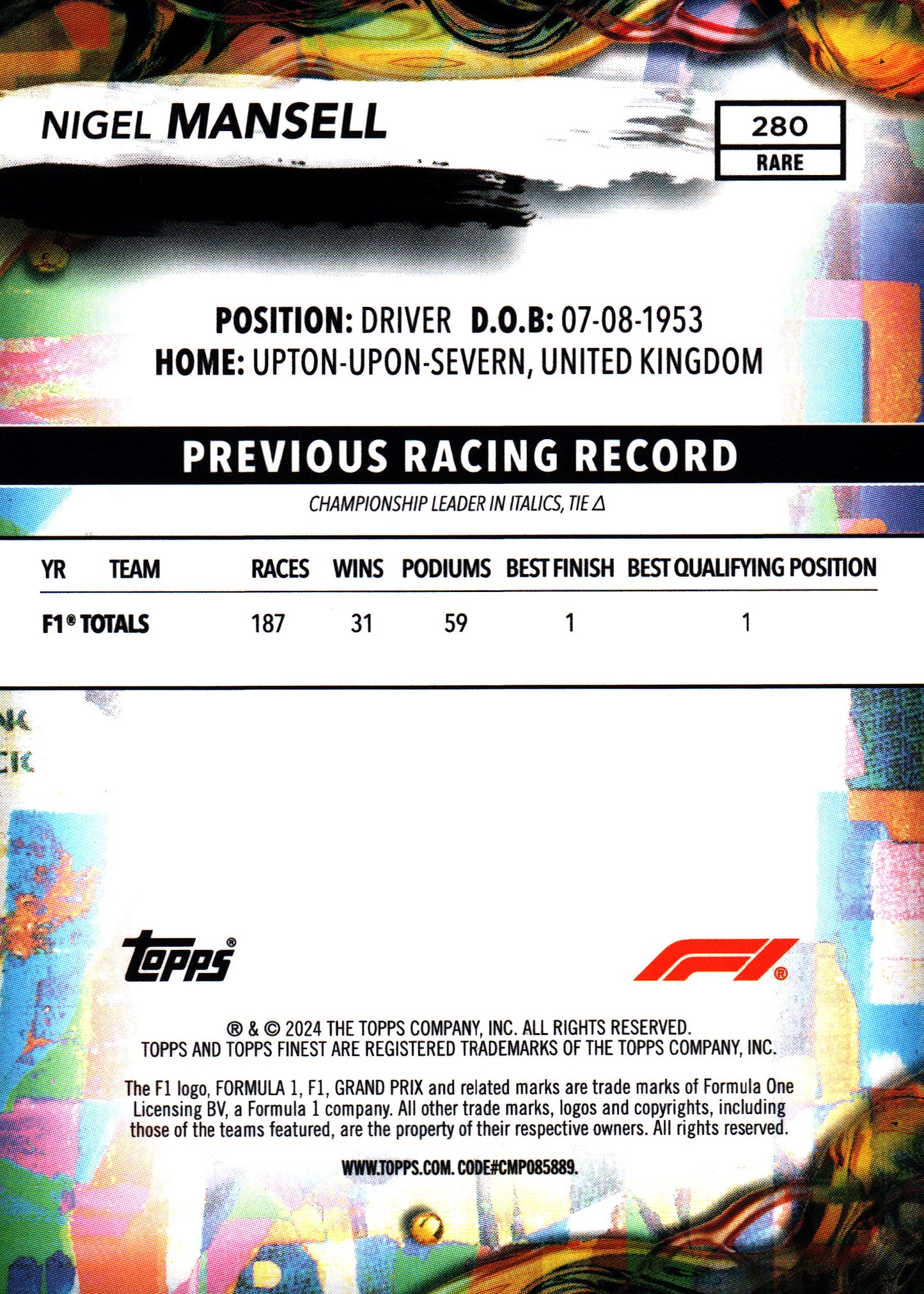 2024 Topps Finest Formula 1 Rare Blue /99 Nigel Mansell #280 Williams