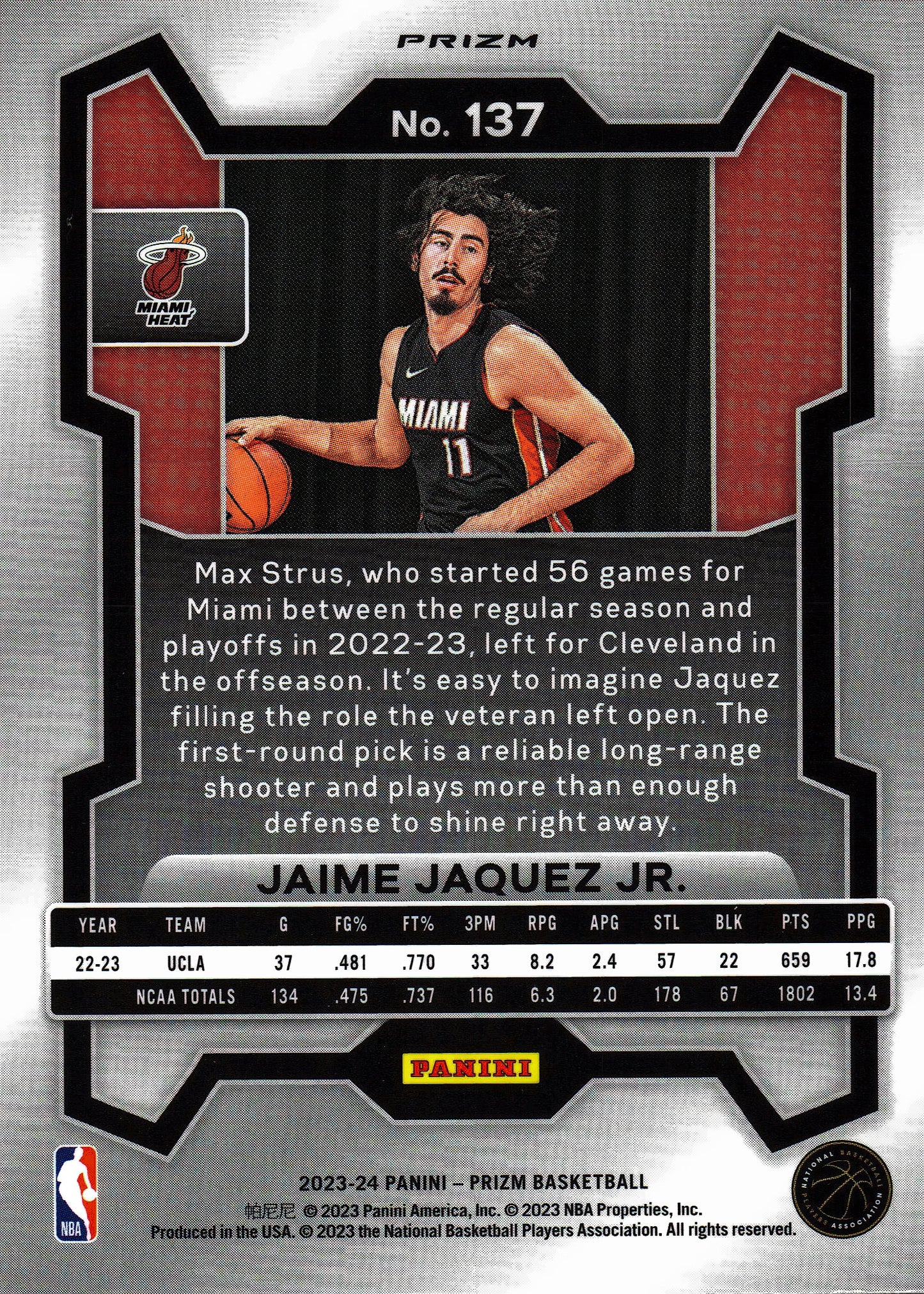 2023 Panini Prizm NBA Blue White Red Jaime Jaquez Jr. RC #137 Miami Heat