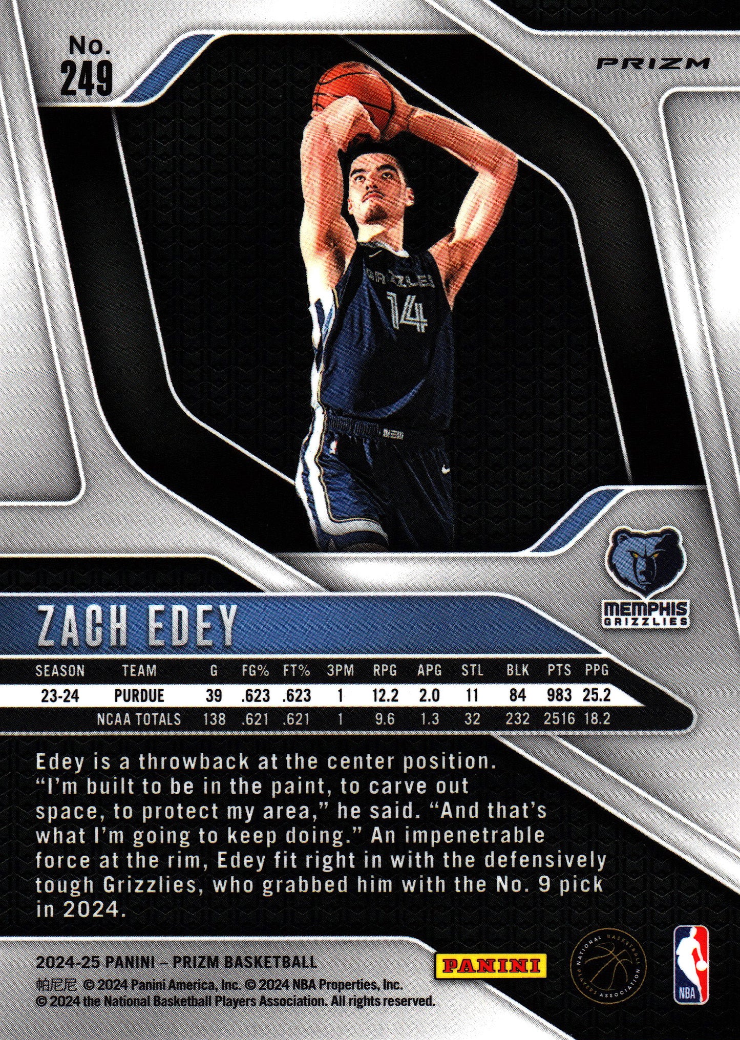 2024 Panini Prizm NBA Silver Zach Edey RC #249 Memphis Grizzlies