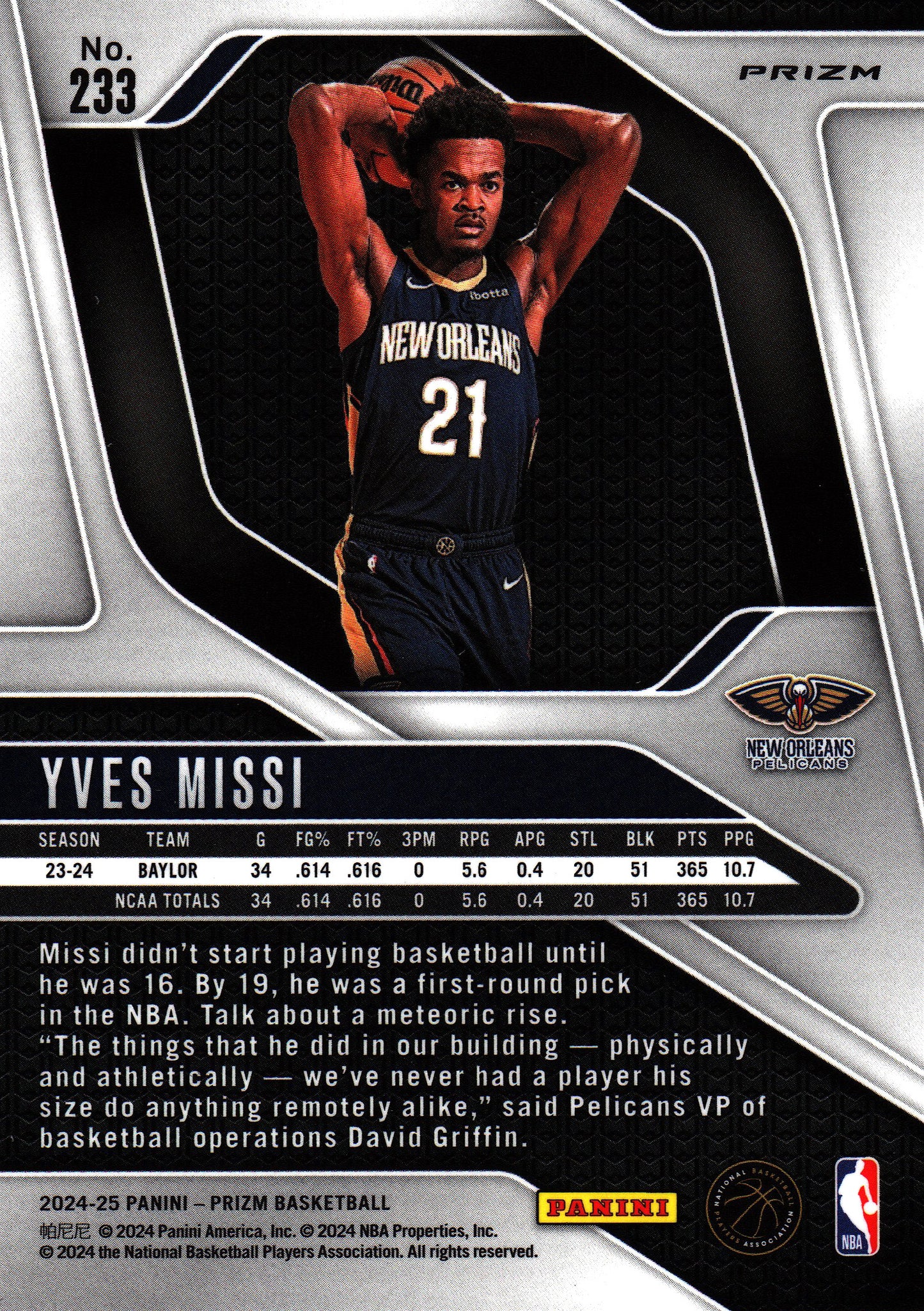 2024 Panini Prizm NBA Silver Yves Missi RC #233 New Orleans Pelicans