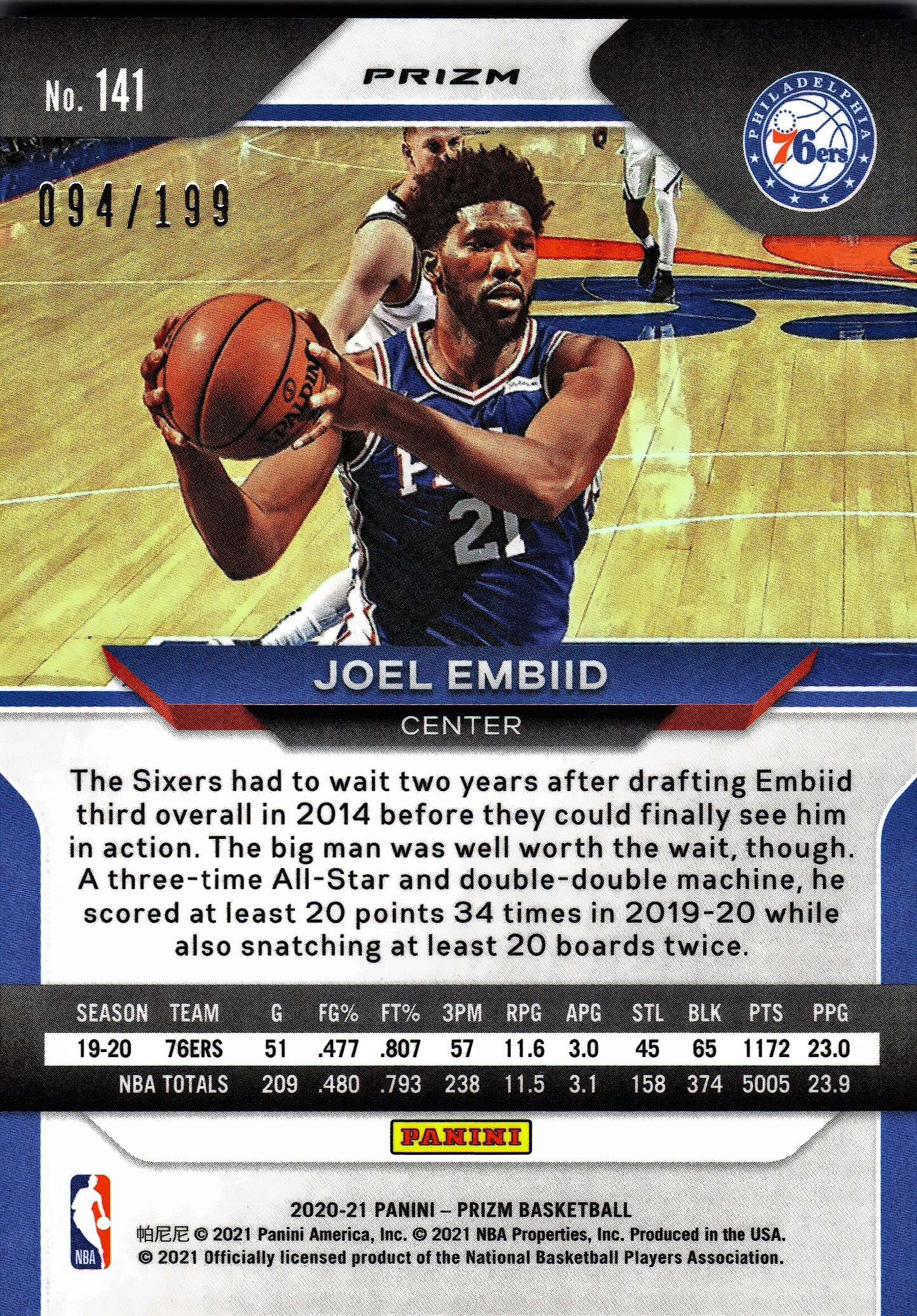 2020 Panini Prizm NBA True Blue Prizm /199 Joel Embiid #141 Philadelphia 76ers