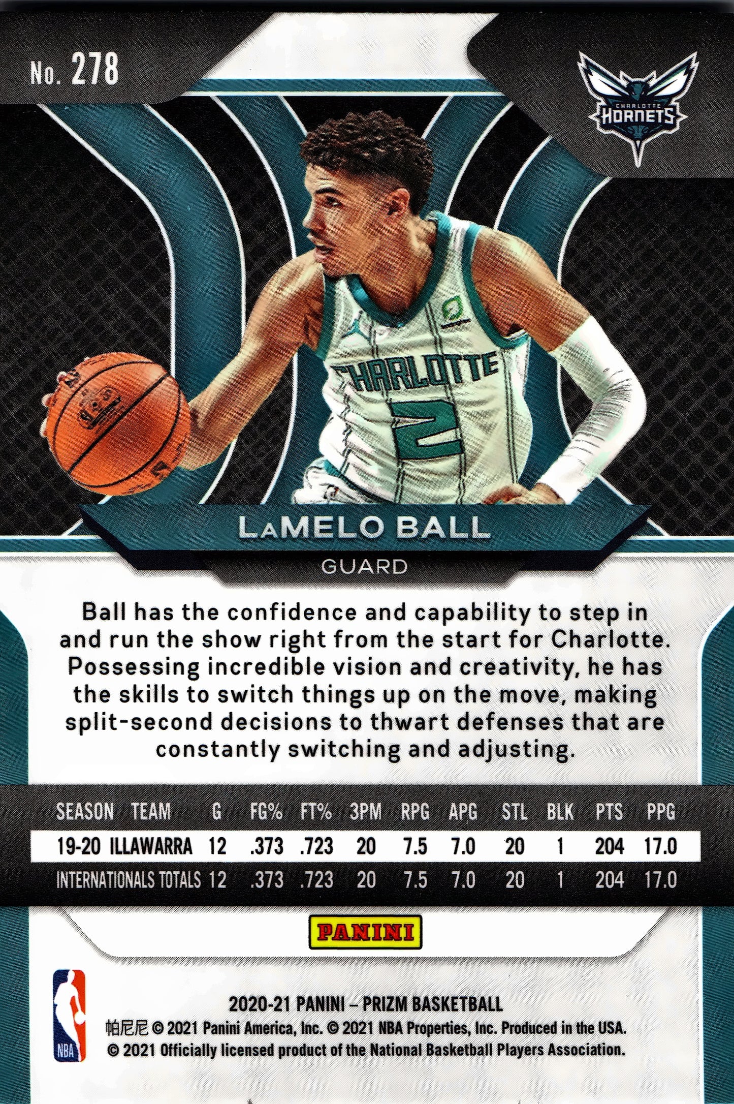 2020 Panini Prizm NBA RC LaMelo Ball #278 Charlotte Hornets