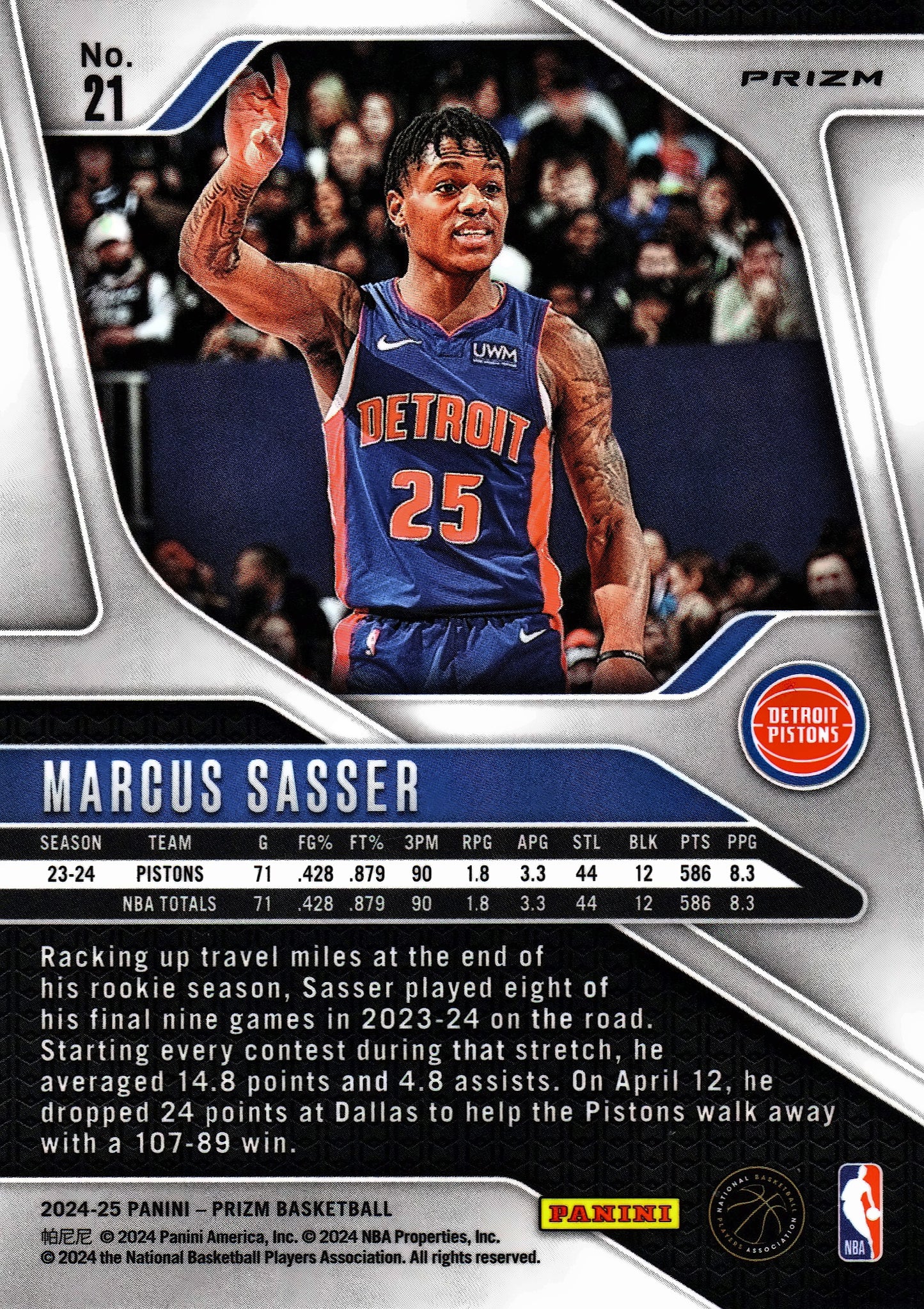 2024 Panini Prizm Silver Marcus Sasser #21 Detroit Pistons