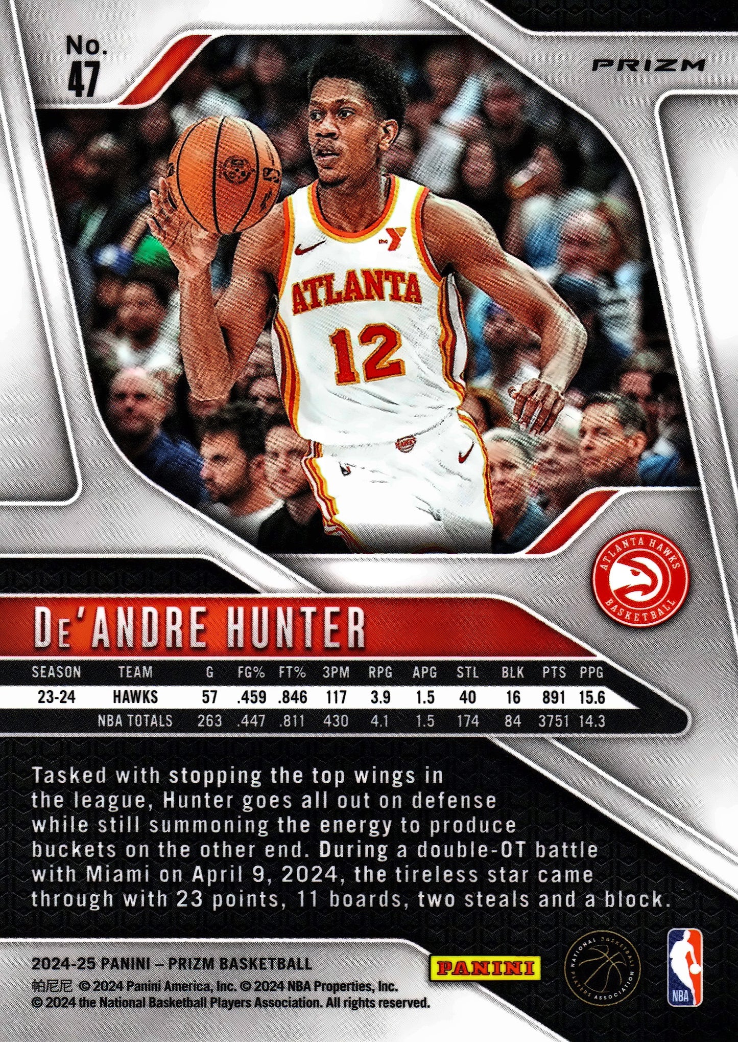 2024 Panini Prizm Silver De'Andre Hunter #47 Atlanta Hawks
