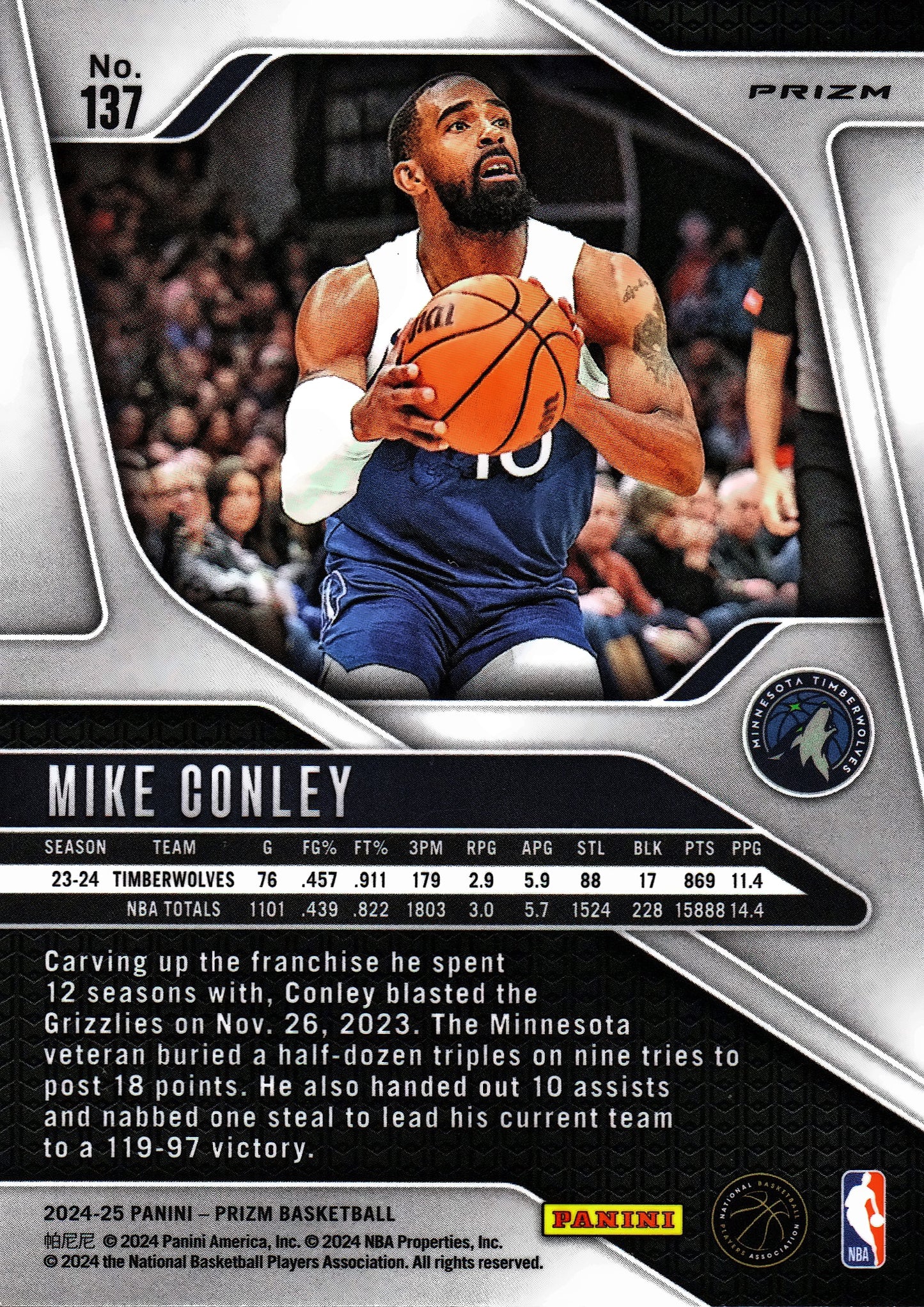 2024 Panini Prizm Silver Mike Conley #137 Minnesota Timberwolves