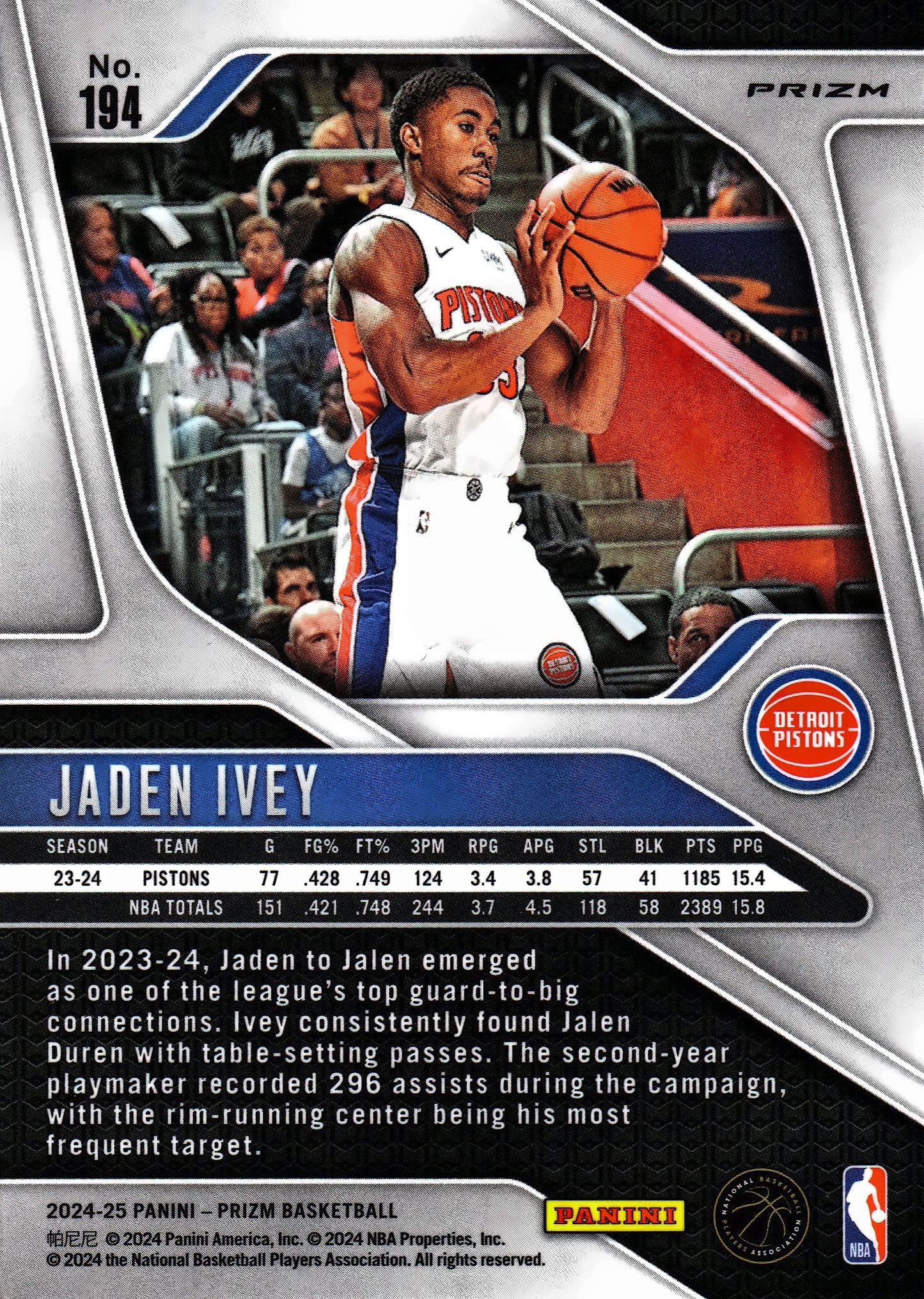 2024 Panini Prizm Silver Jaden Ivey #194 Detroit Pistons