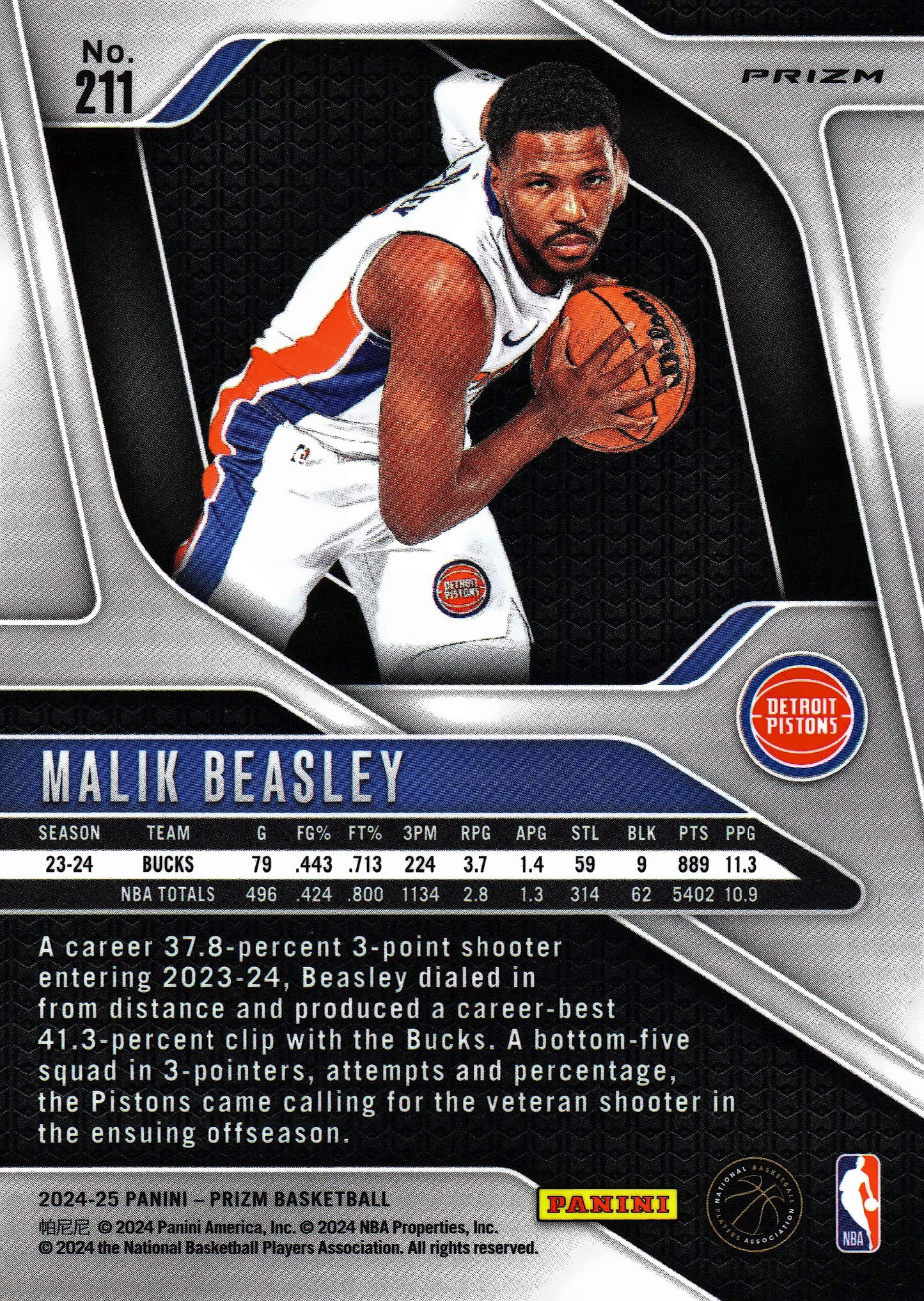 2024 Panini Prizm Silver Malik Beasley #211 Detroit Pistons