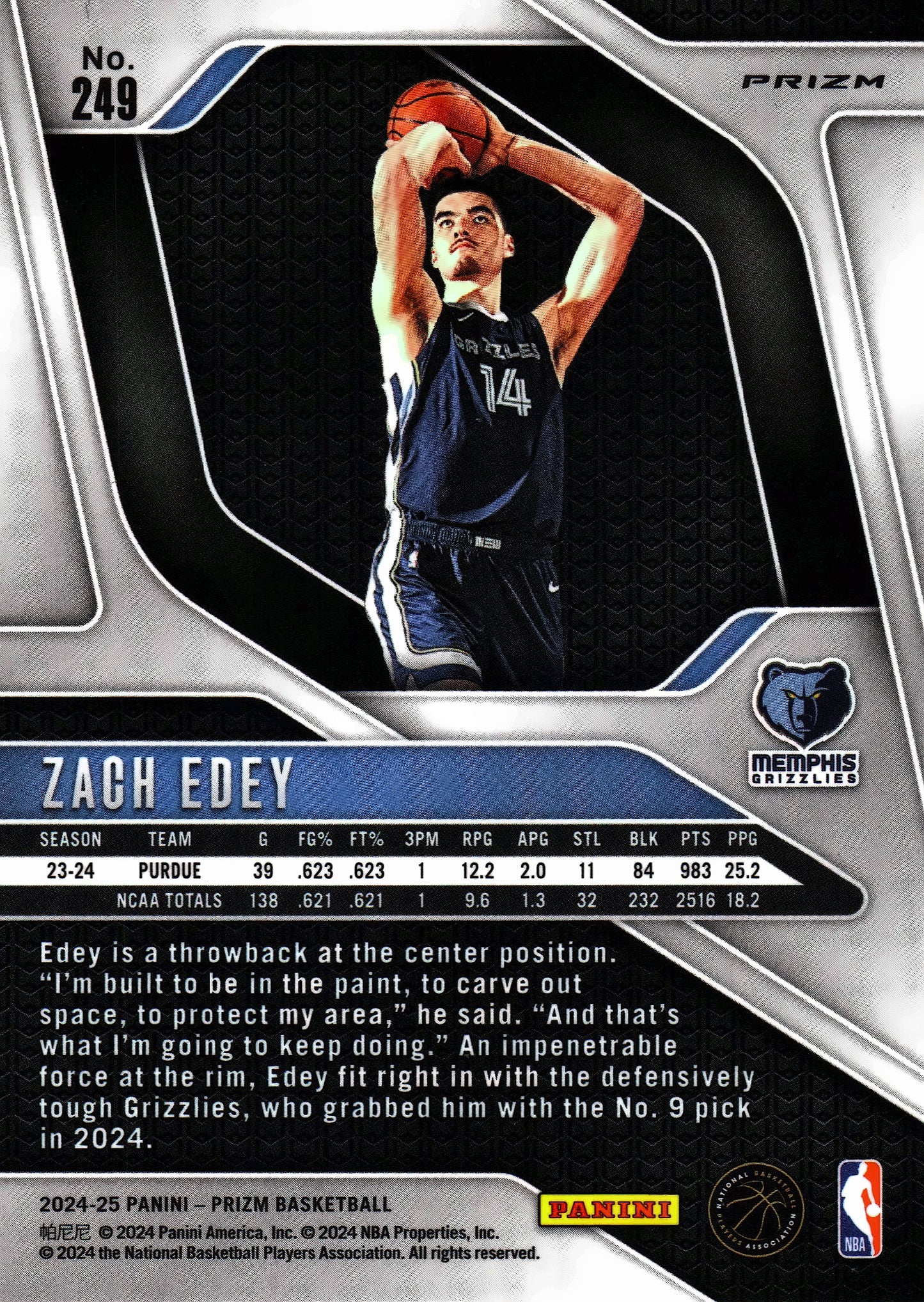 2024 Panini Prizm Pink Ice Cracked Zach Edey RC #249 Memphis Grizzlies