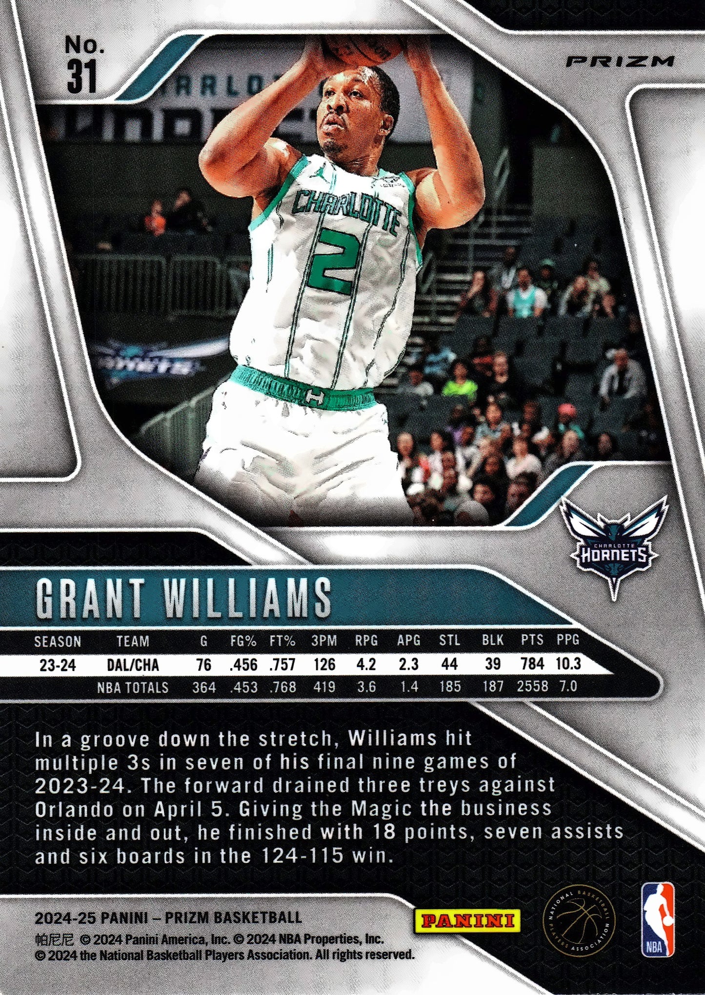 2024 Panini Prizm Green Grant Williams #31 Charlotte Hornets