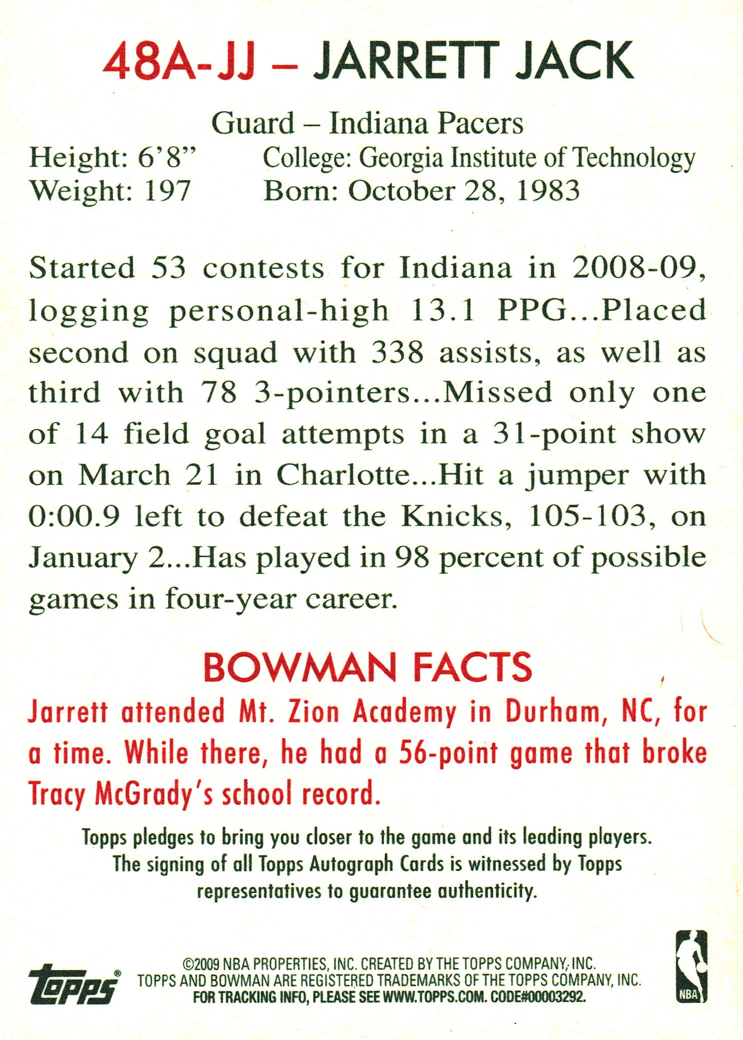 2009 Bowman NBA Jarrett Jack Autograph #48A-JJ Indiana Pacers