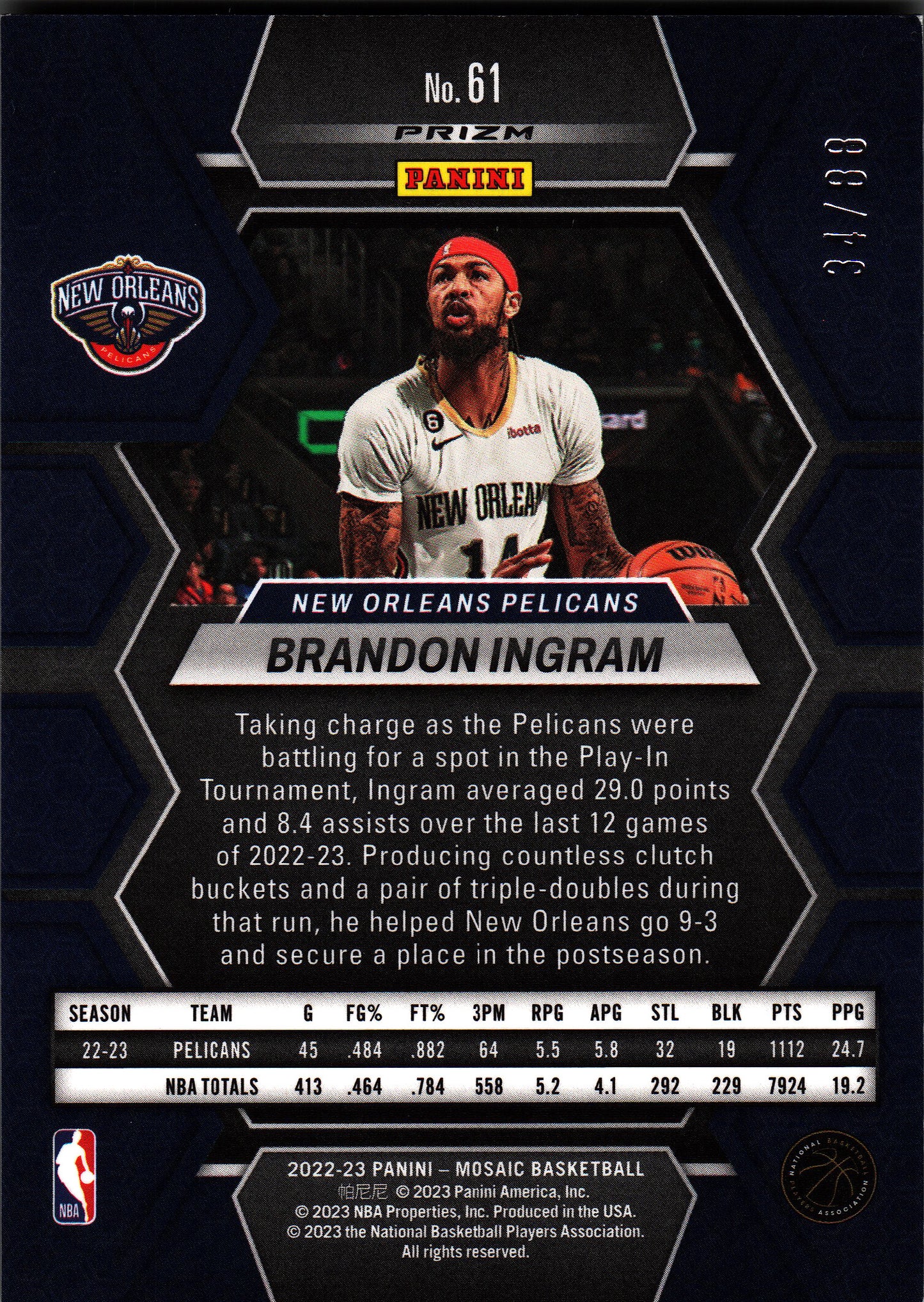 2022 Panini Mosaic Choice Red and Yellow Fusion Brandon Ingram /88 #61 New Orleans Pelicans