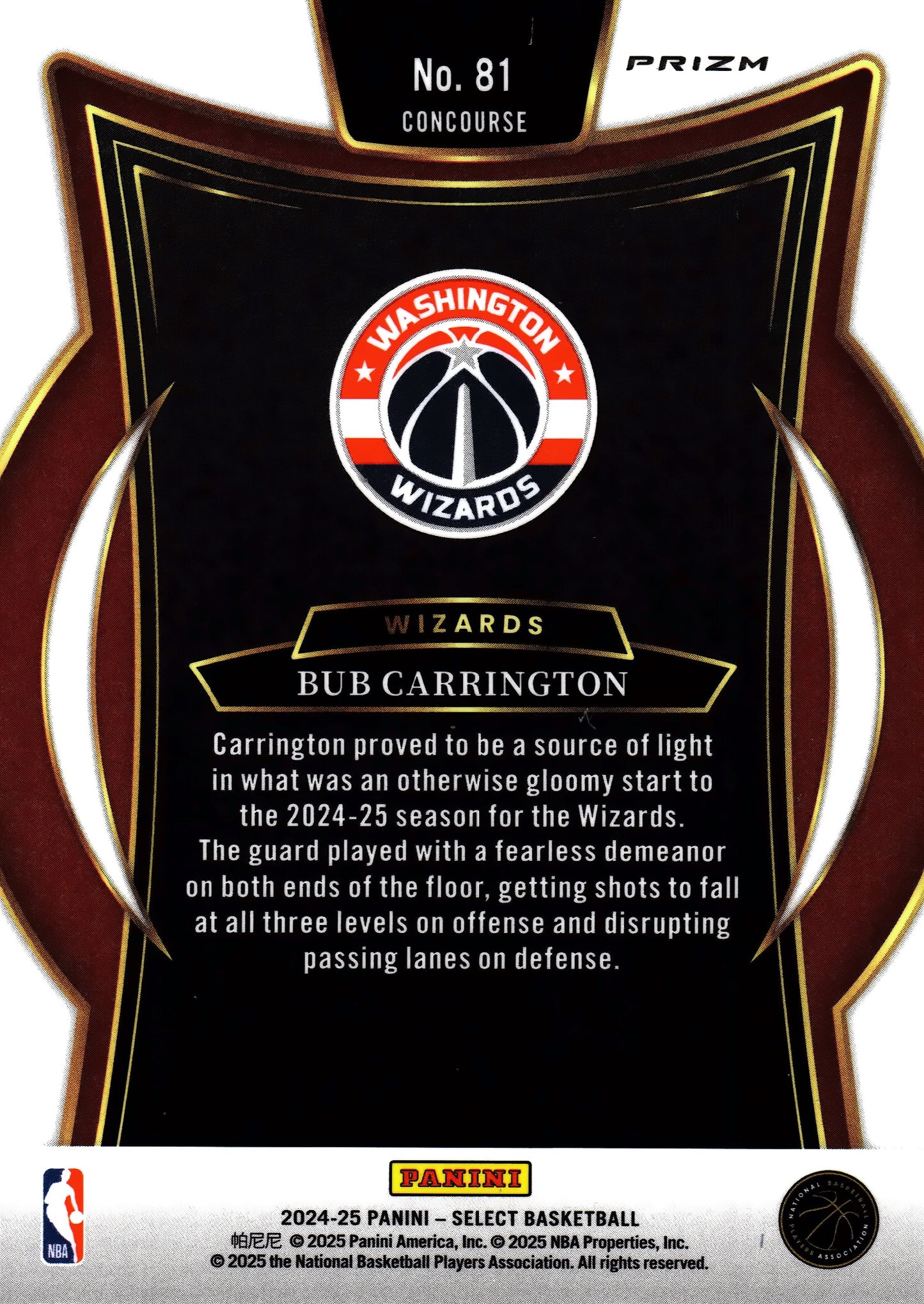 2024 Panini Select NBA Blue Prizm Concourse Bub Carrington RC #81 Washington Wizards
