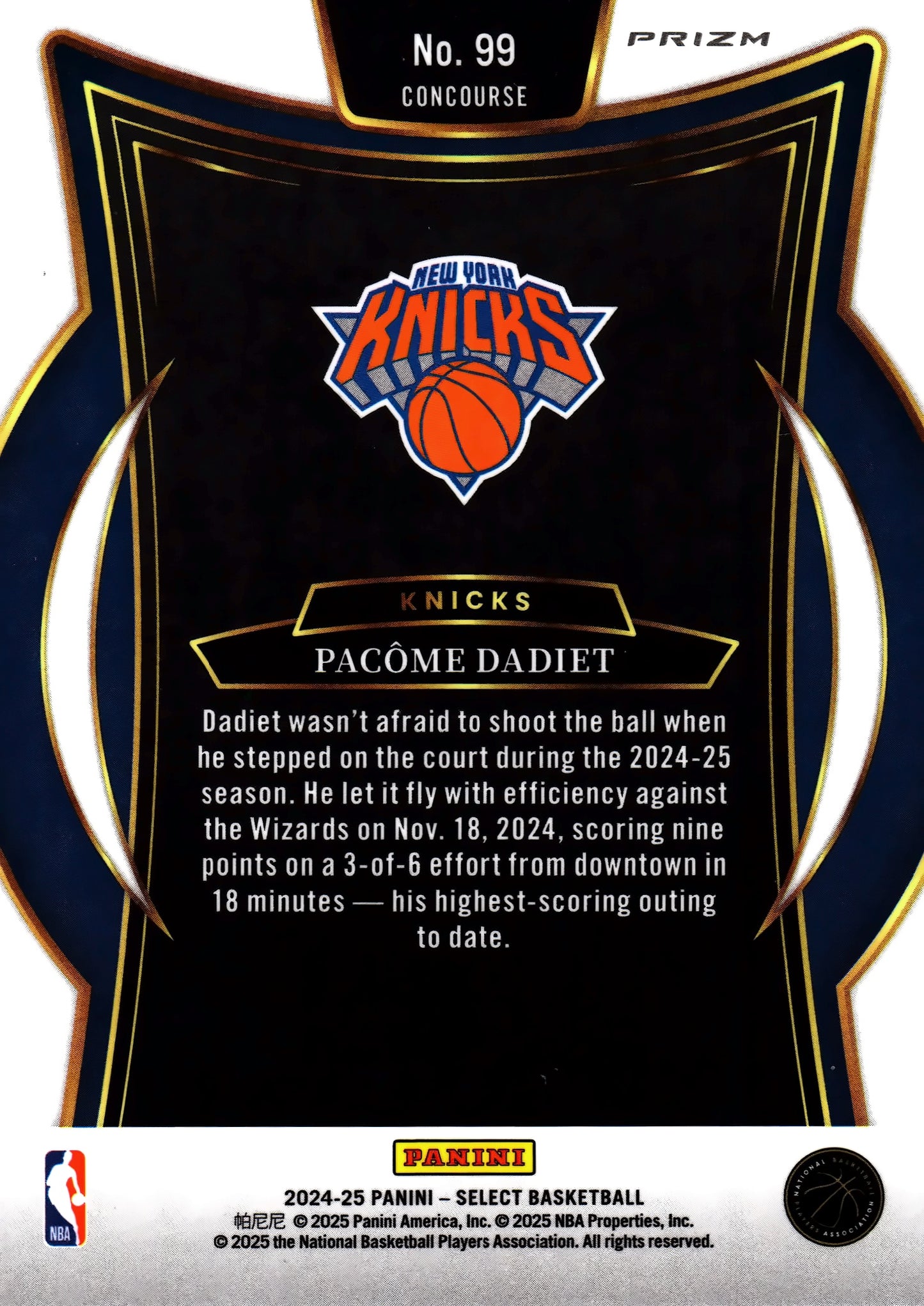 2024 Panini Select NBA Blue Prizm Concourse Pacome Dadiet RC #99 New York Knicks