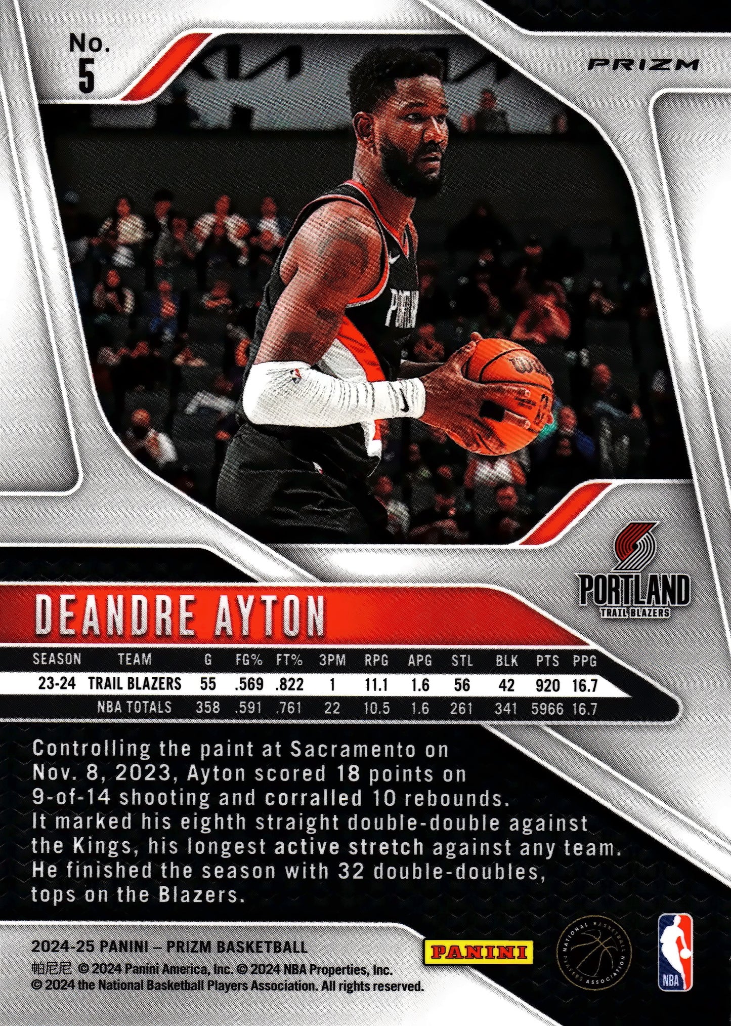 2024 Panini Prizm Silver Deandre Ayton #5 Portland Trail Blazers
