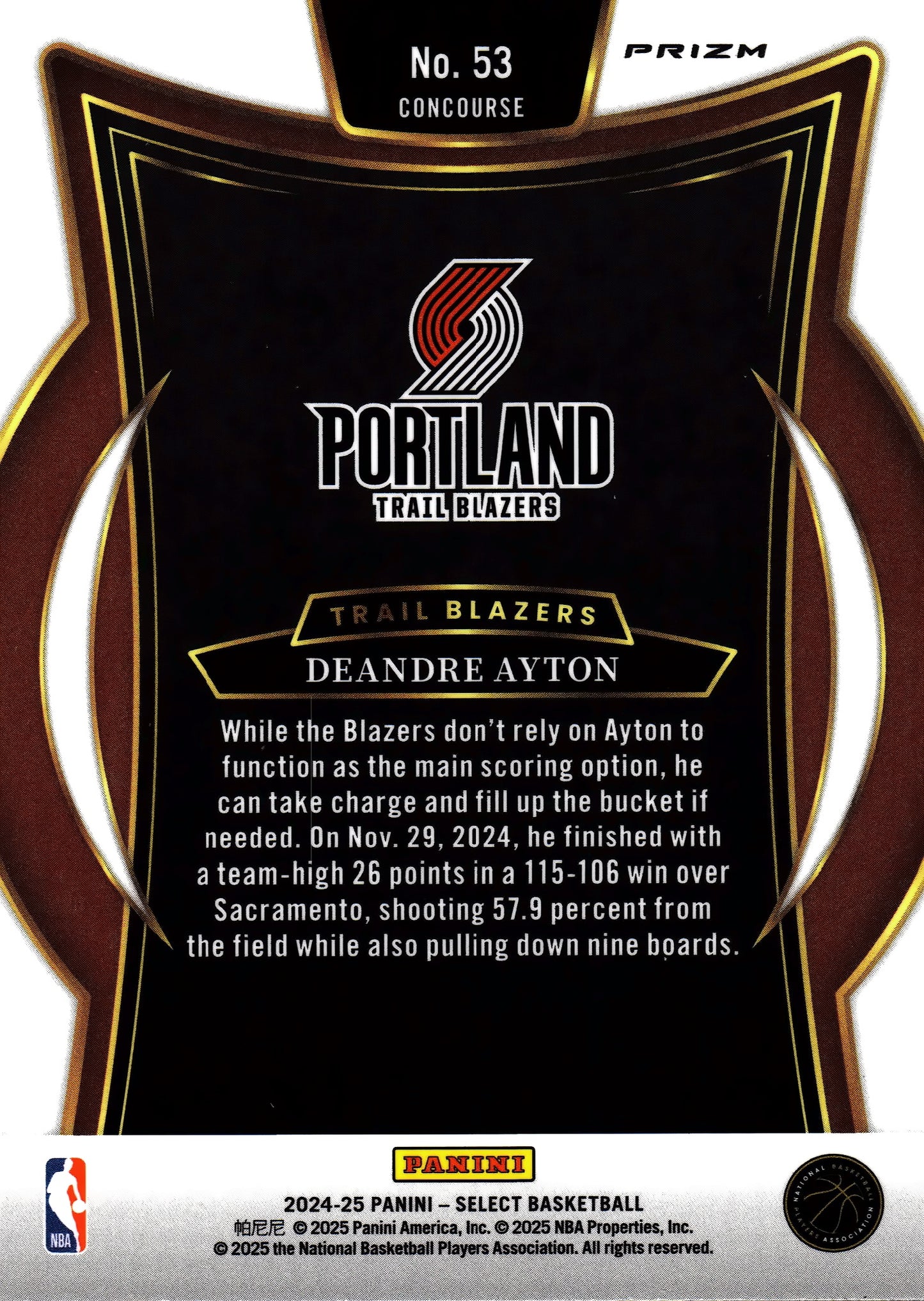 2024 Panini Select NBA Red Cracked Ice Deandre Ayton #53 Portland Trail Blazers