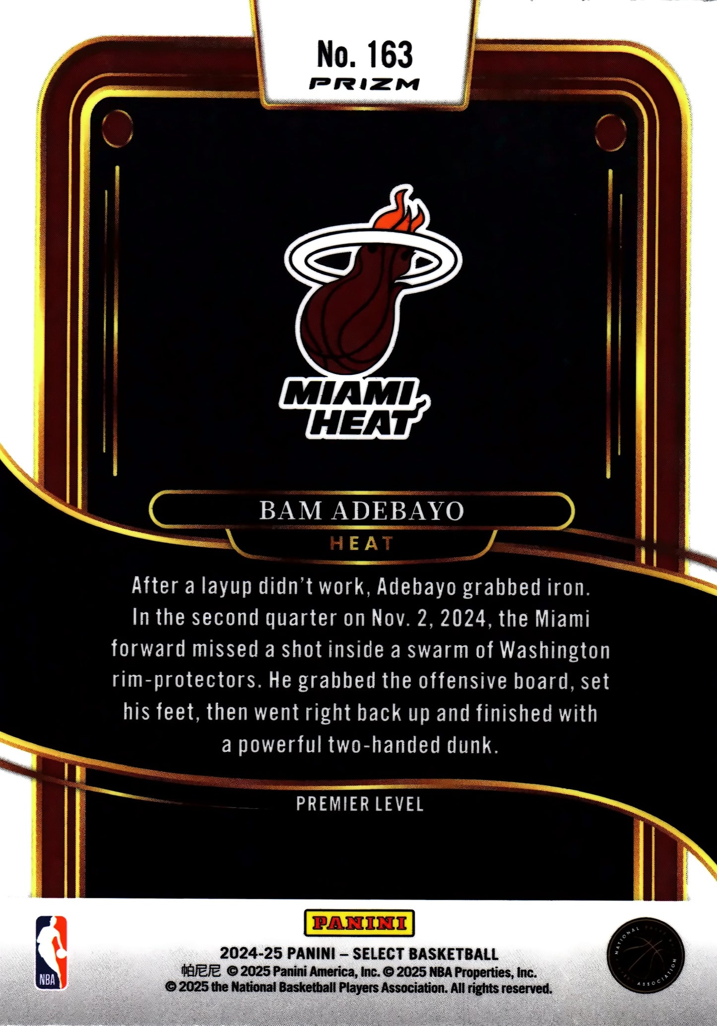 2024 Panini Select NBA Green White Purple Prizm Premier Bam Adebayo #163 Miami Heat