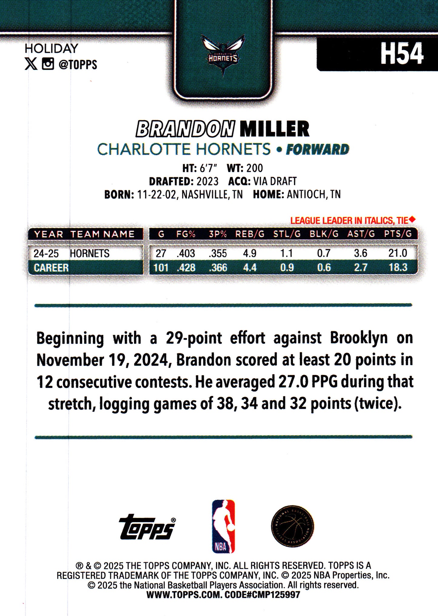 2025 Topps Holiday Glitter Brandon Miller #H54 Charlotte Hornets