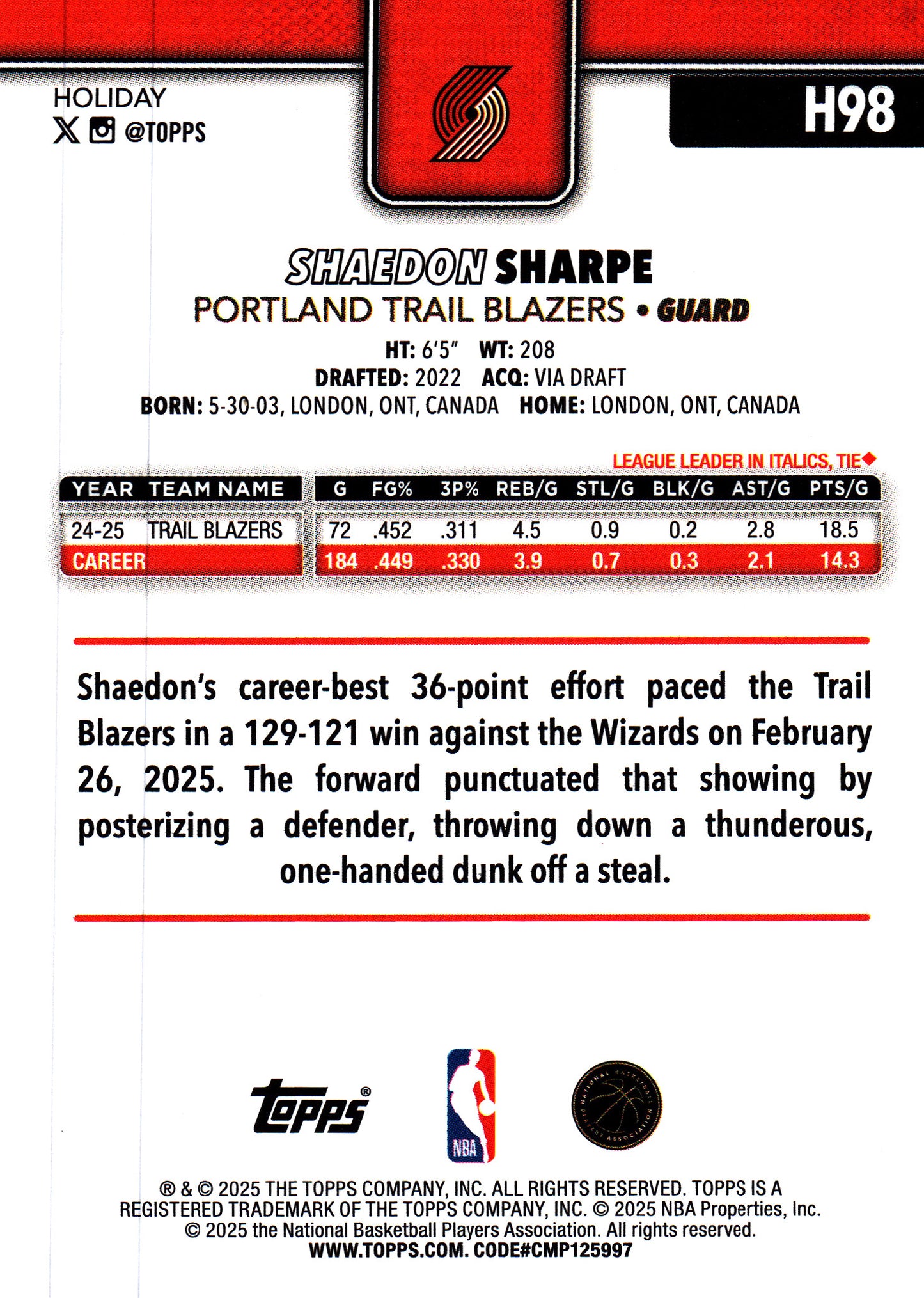 2025 Topps Holiday Glitter Shaedon Sharpe #H98 Portland Trail Blazers