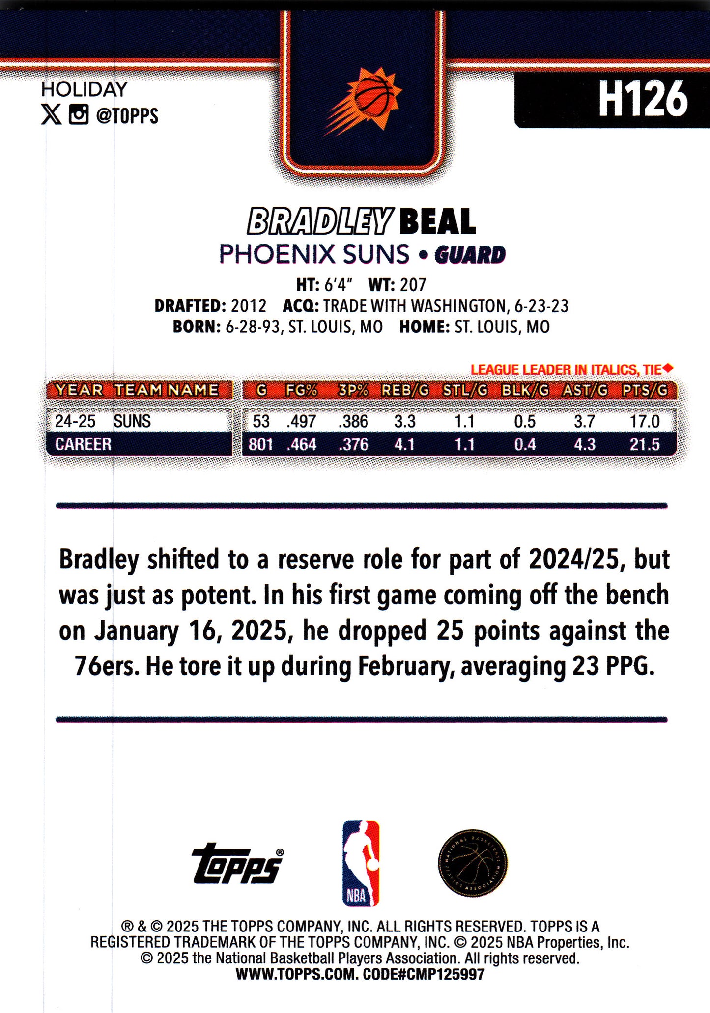 2025 Topps Holiday Glitter Bradley Beal #H126 Phoenix Suns
