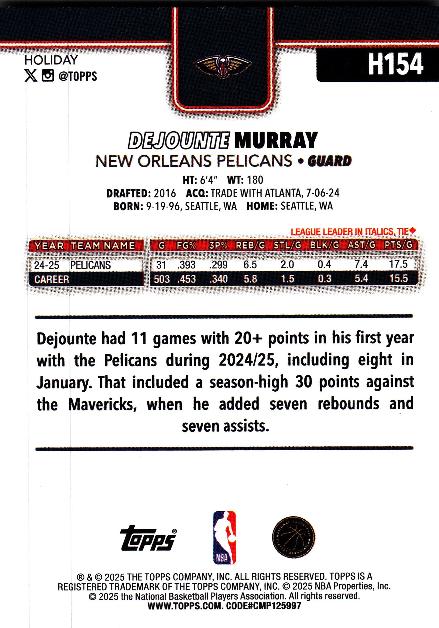 2025 Topps Holiday Glitter Dejounte Murray #H154 New Orleans Pelicans