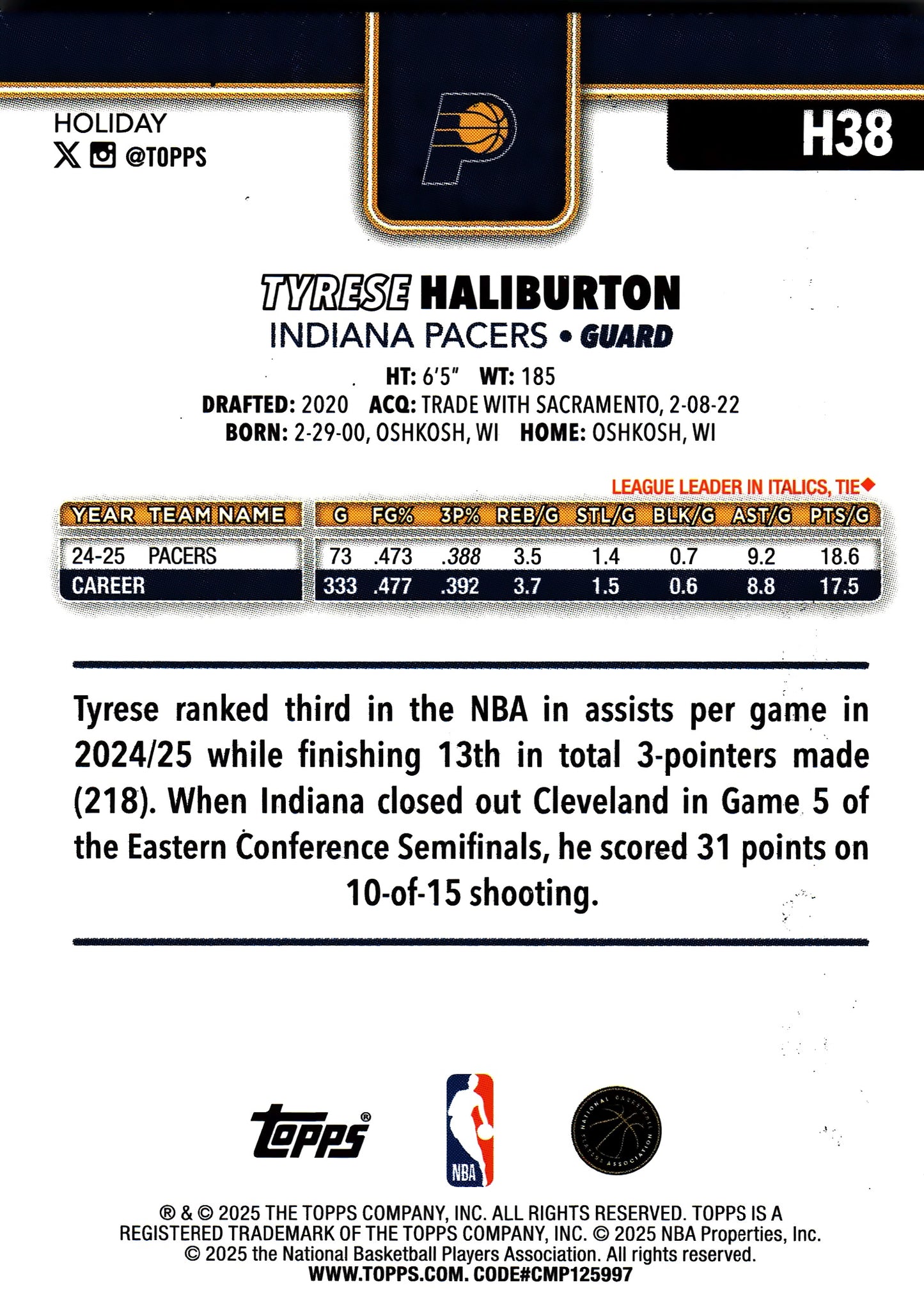 2025 Topps Holiday Blue Metallic Glitter Tyrese Haliburton #H38 Indiana Pacers