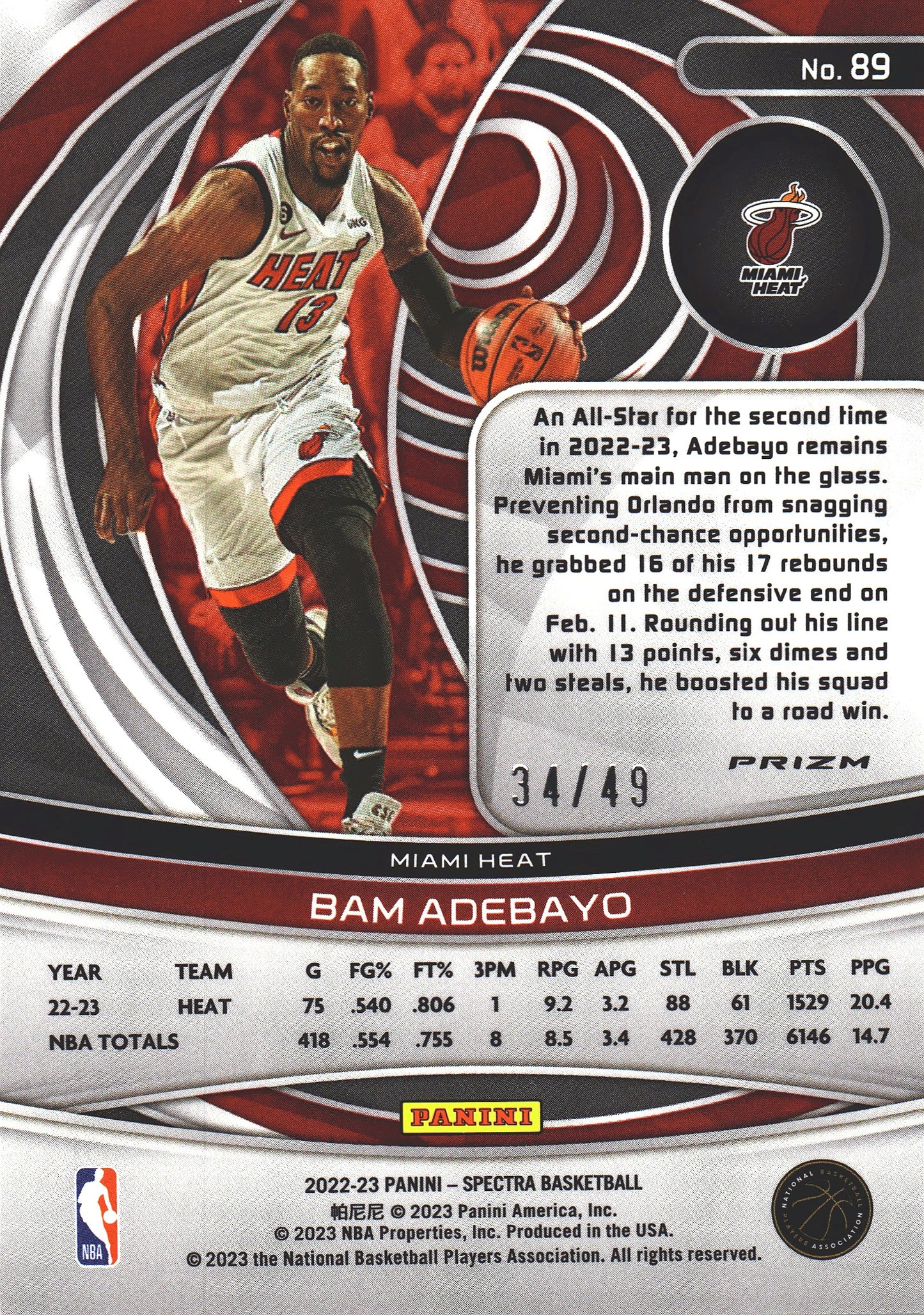 2022 Panini Spectra Bam Adebayo /49 #89 Miami Heat